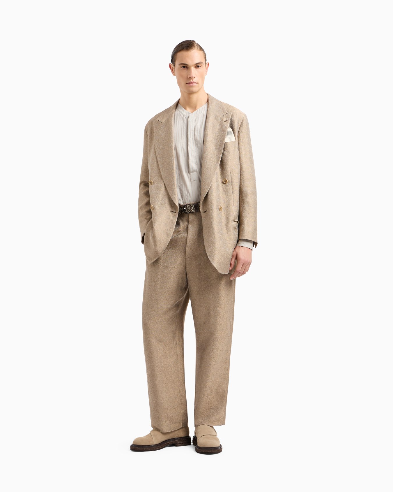 Flat-front trousers in viscose, linen and silk jacquard Slide 2