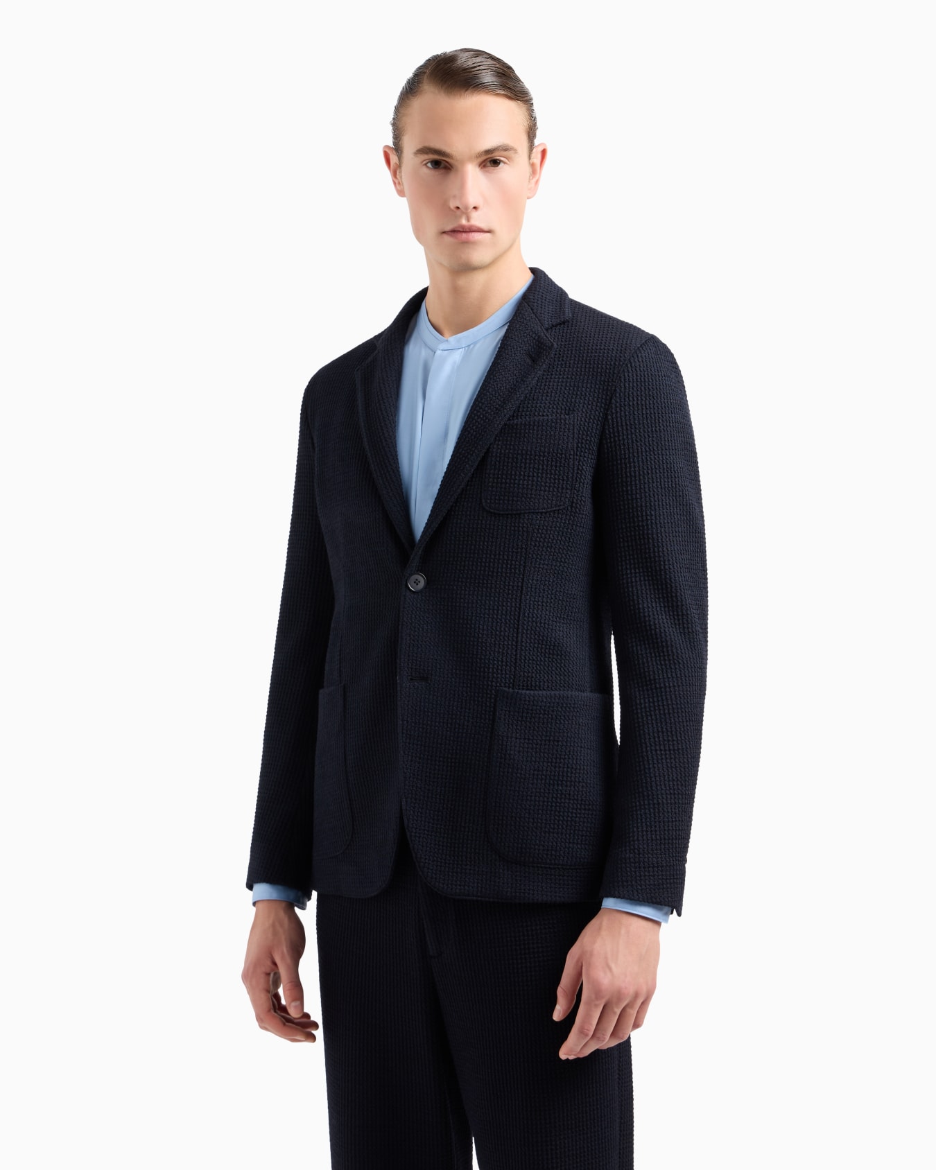 Upton line single-breasted jacket in a viscose and wool blend jersey Slide 1