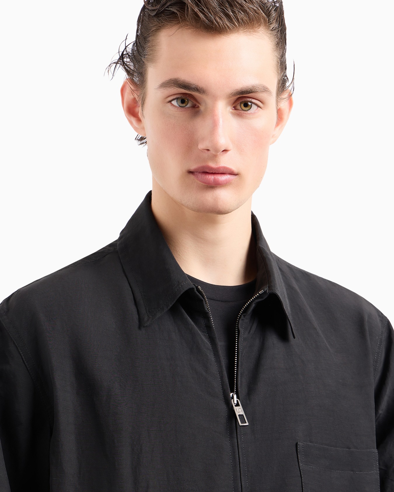 Viscose and linen canvas shirt jacket with zip Slide 5