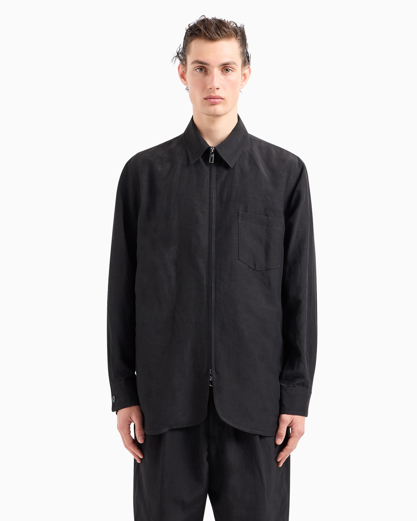 Viscose and linen canvas shirt jacket with zip Slide 2