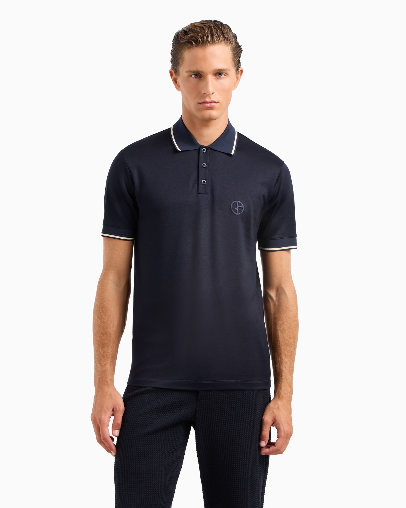 Short-sleeved polo shirt in silk and cotton jersey Slide 3
