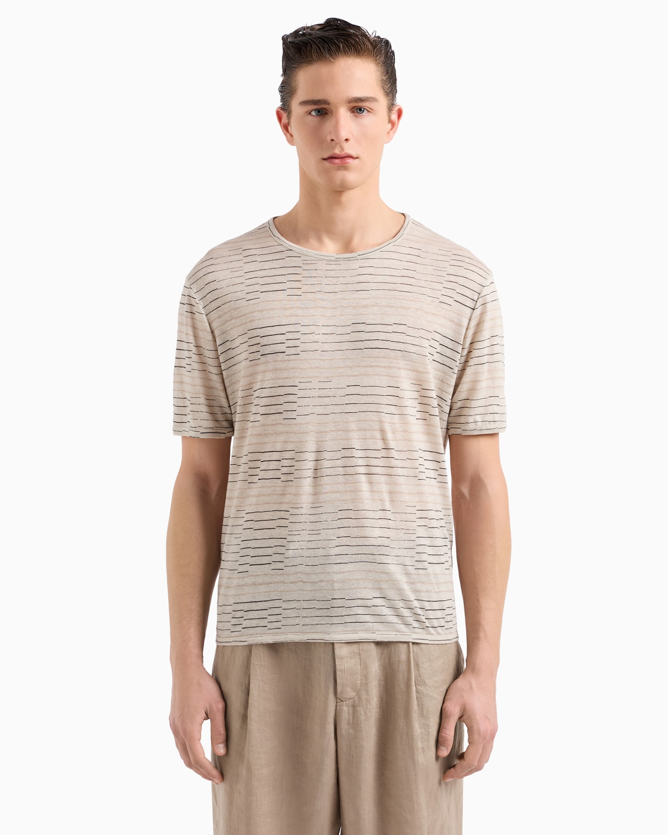 Irregular striped print linen crew-neck T-shirt Slide 1