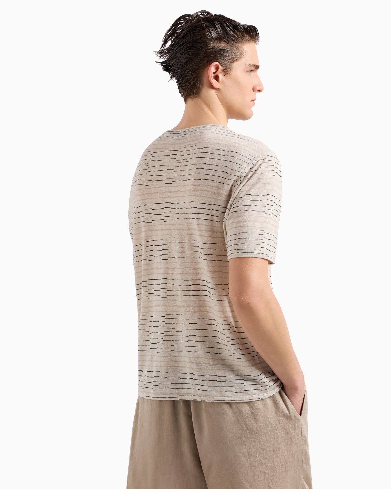 Irregular striped print linen crew-neck T-shirt Slide 2