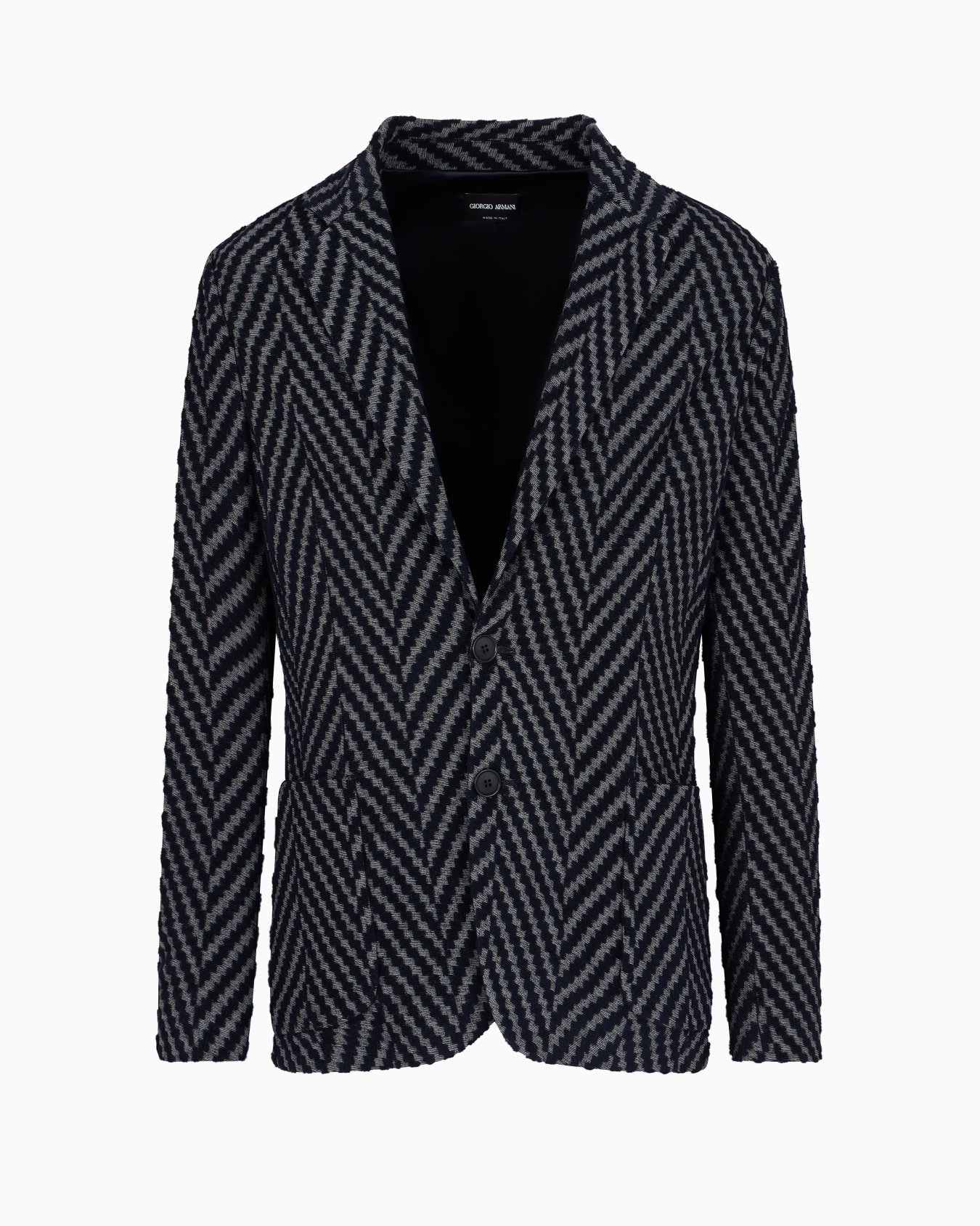 Single-breasted jacket in viscose and cotton-blend chevron jacquard jersey Slide 0