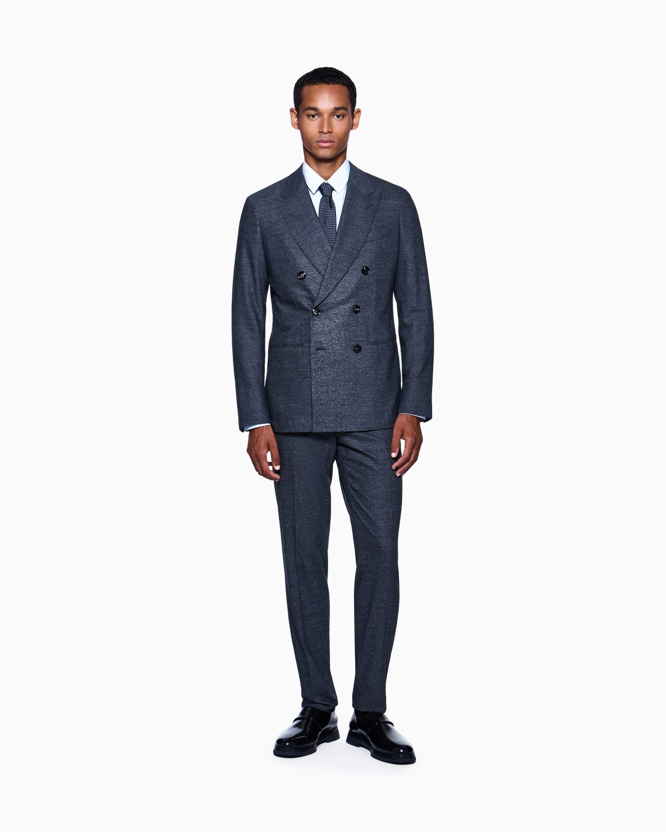 Napoli Line double-breasted suit in denim-effect virgin wool and cashmere Slide 1