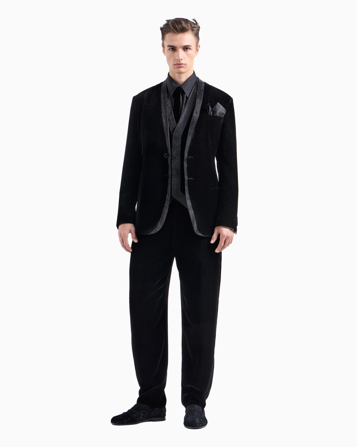 Giorgio's shiny, pinstriped velvet single-pleat trousers Slide 4