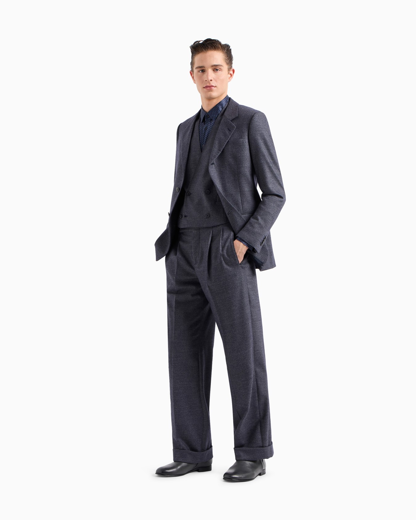 Gilet doppiopetto in lana vergine e cashmere effetto denim Slide 1