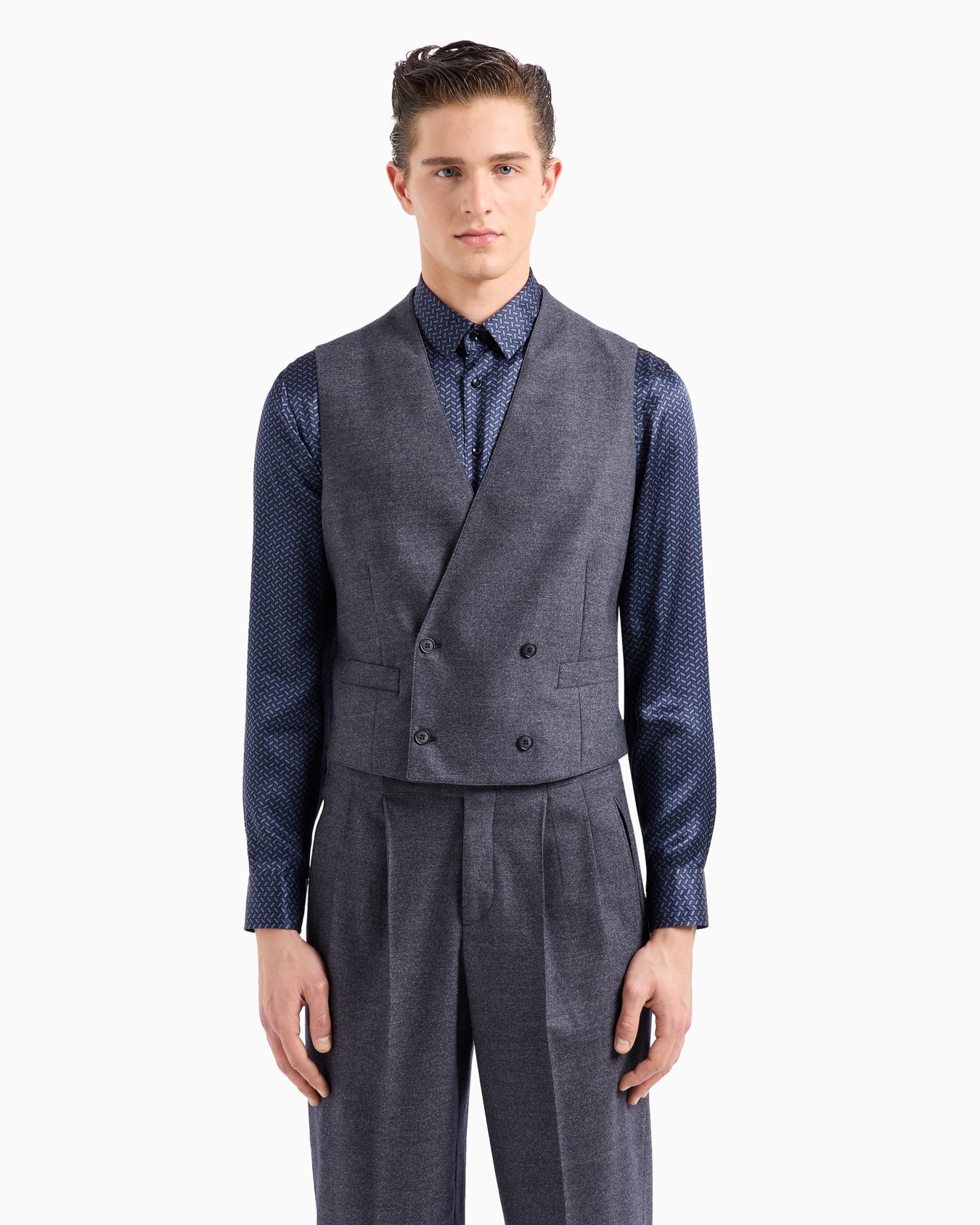 Gilet doppiopetto in lana vergine e cashmere effetto denim Slide 3