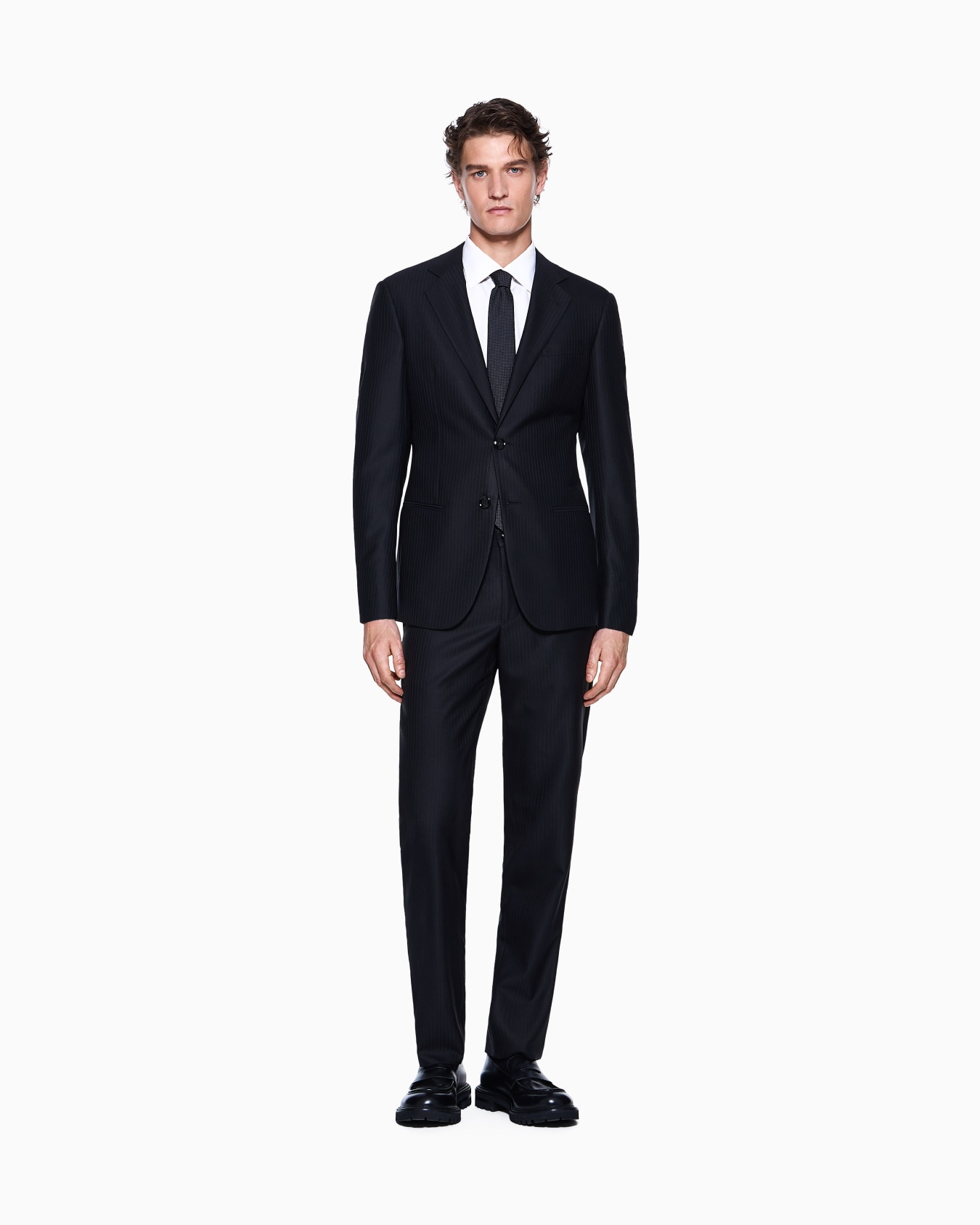 Costume gamme Soho à simple boutonnage en laine vierge finement rayée Diapositive 1