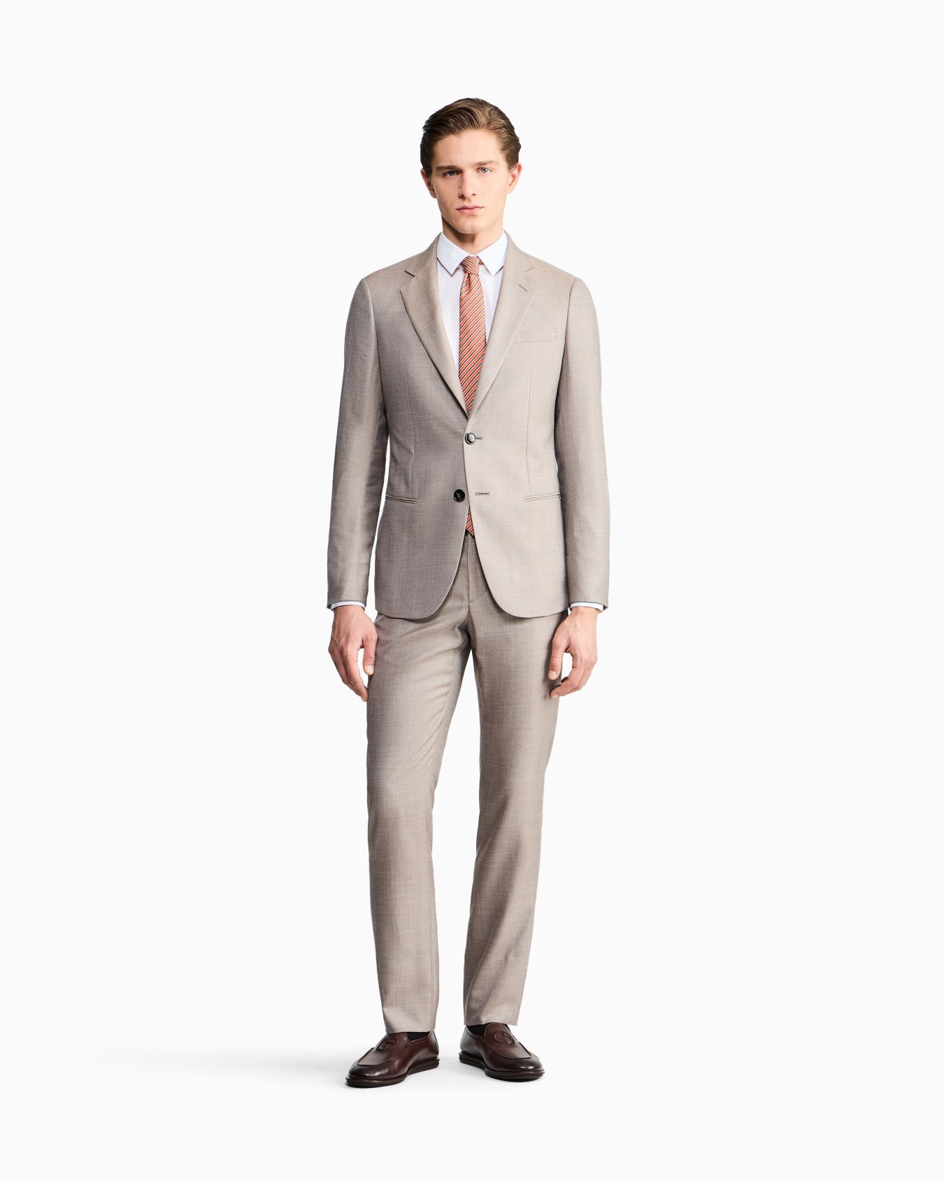 Costume gamme Soho à simple boutonnage en grisaille de laine, soie et lin Diapositive 1