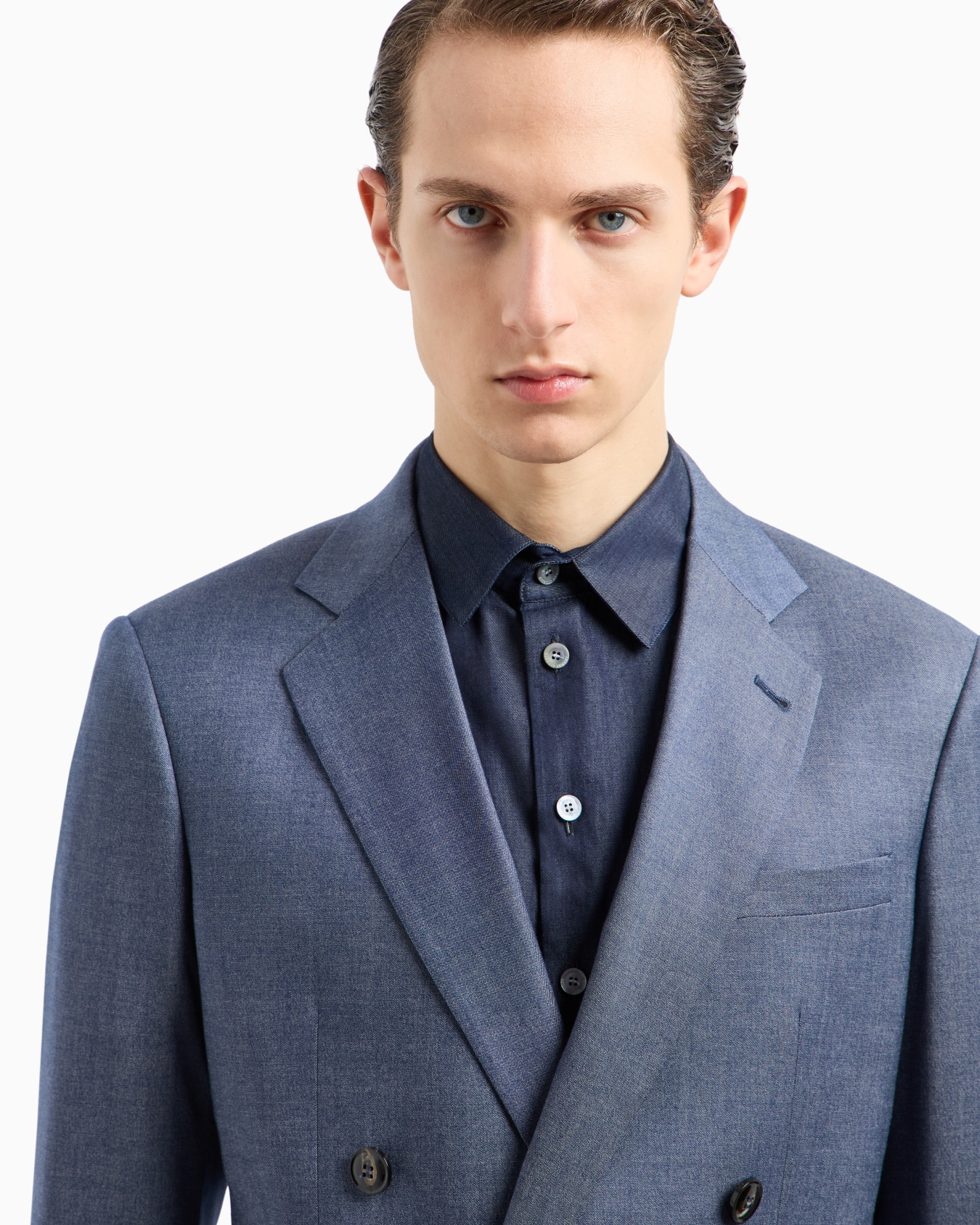 Soho line double-breasted denim-effect cashmere and stretch cotton suit Slide 4