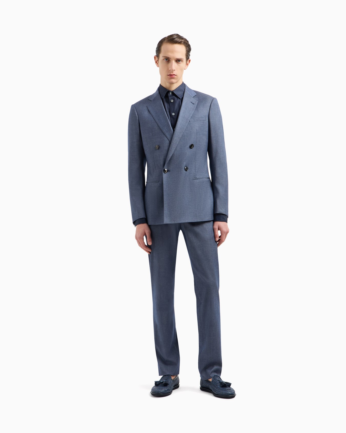 Soho line double-breasted denim-effect cashmere and stretch cotton suit Slide 3