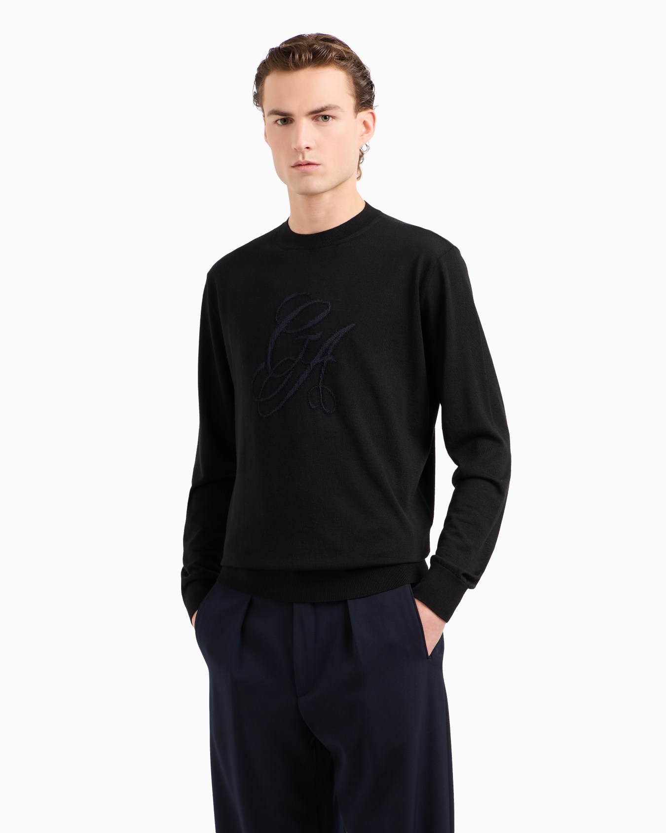 Virgin-wool, crew-neck jumper with logo  Slide 3
