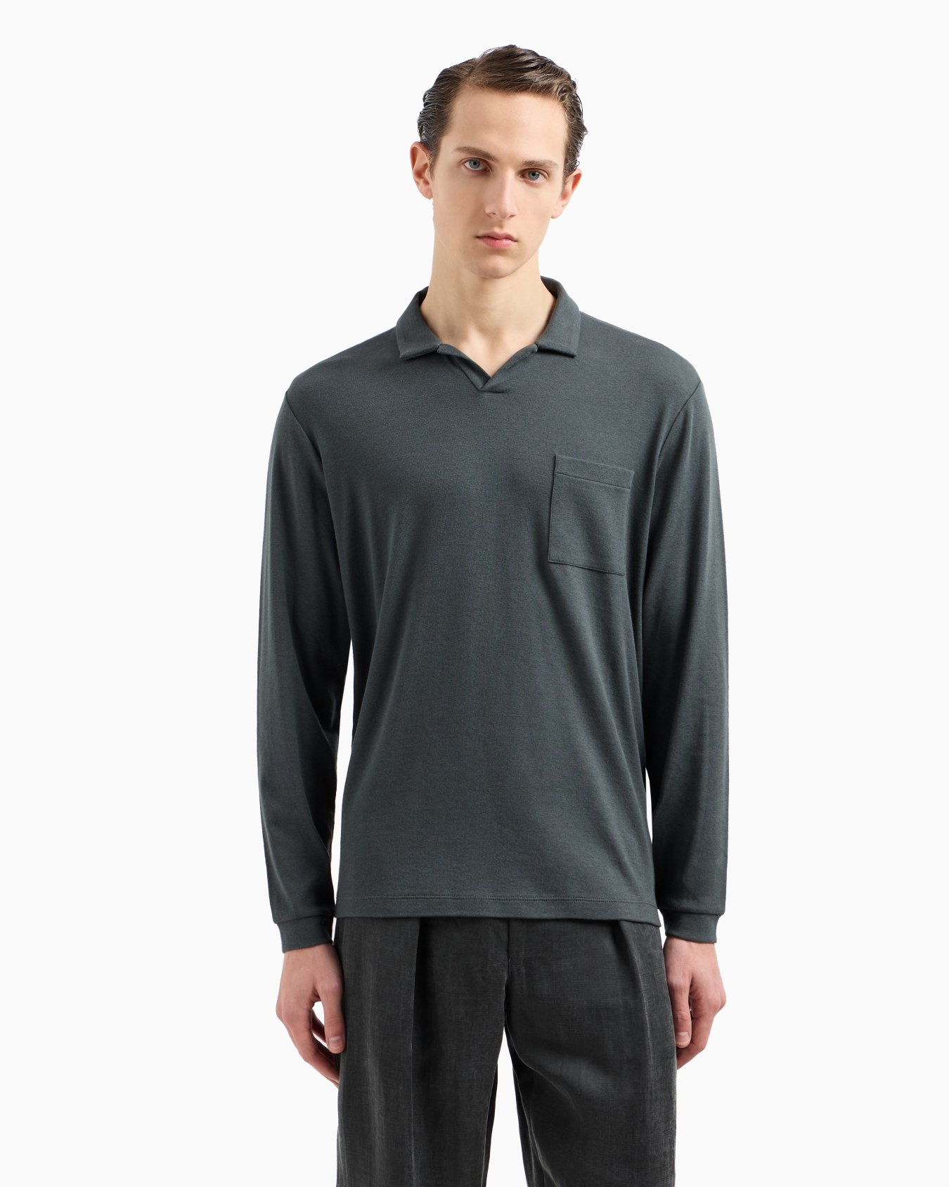 Cotton and cashmere jersey long-sleeved polo shirt Slide 3