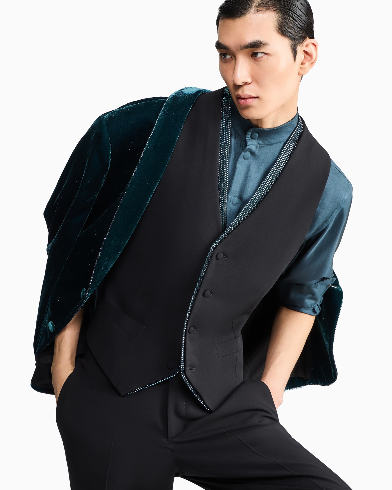 Single-breasted wool crepe vest with rhinestones Slide 5