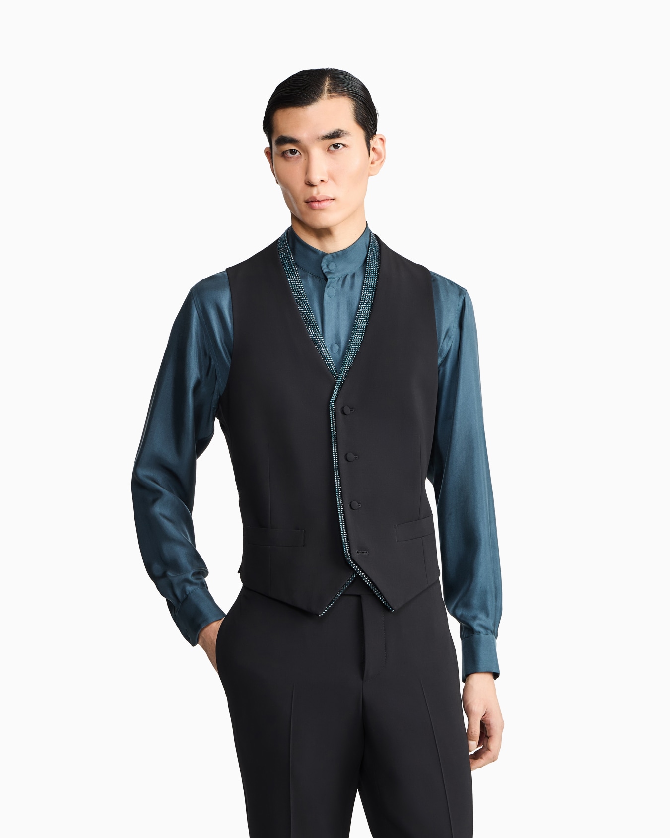 Single-breasted wool crepe vest with rhinestones Slide 3