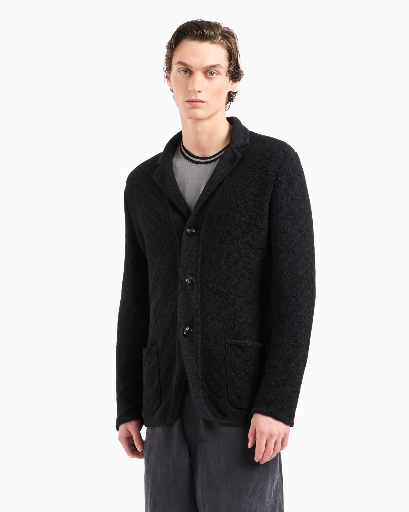 Single-breasted jacket in a jacquard cotton knit Slide 4