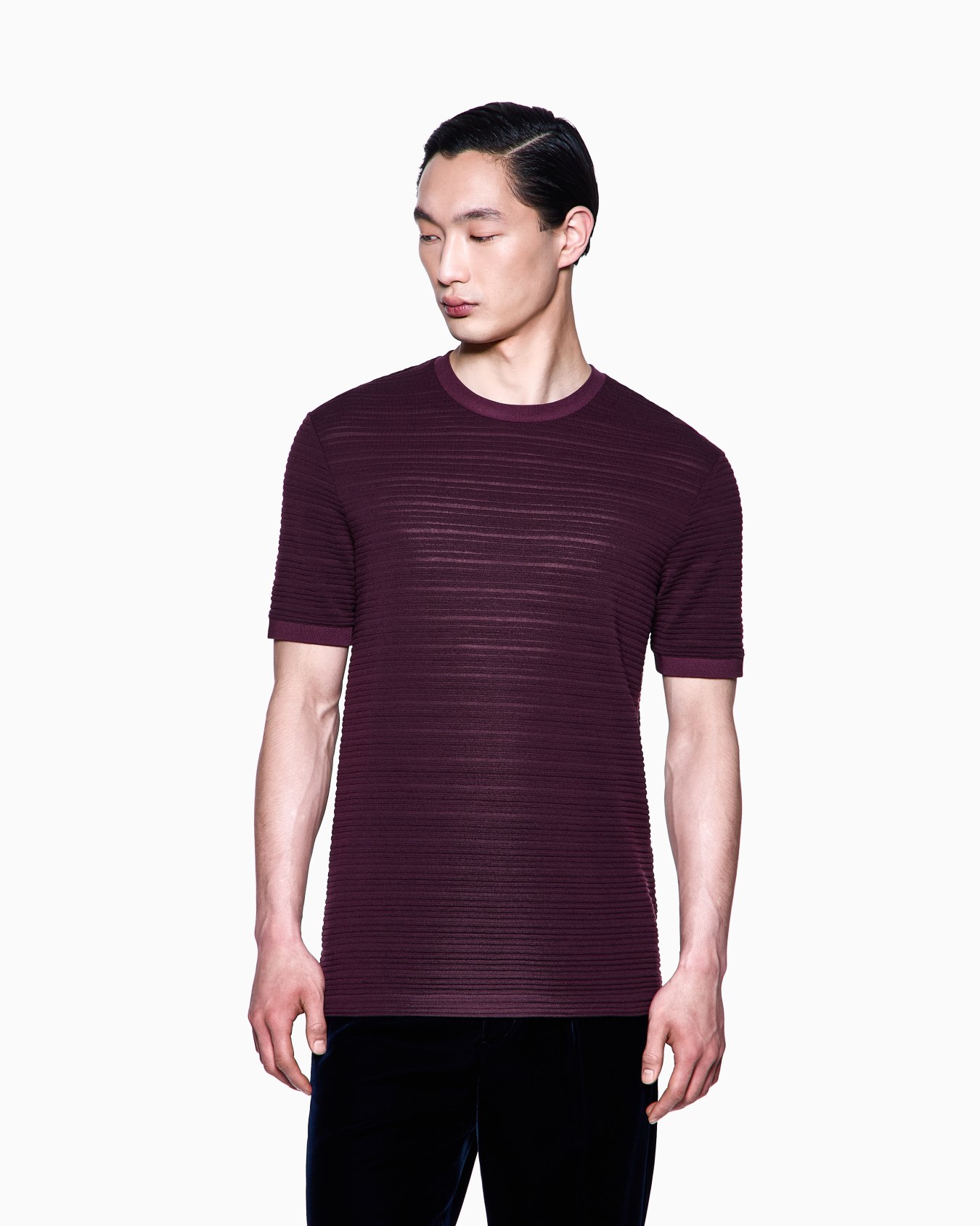 Wool jersey crew-neck T-shirt with a striped motif Slide 3