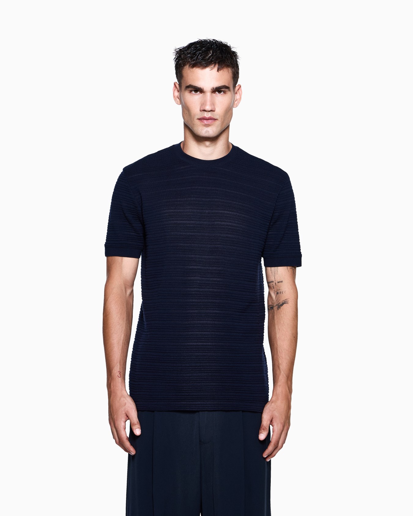 Wool jersey crew-neck T-shirt with a striped motif Slide 3