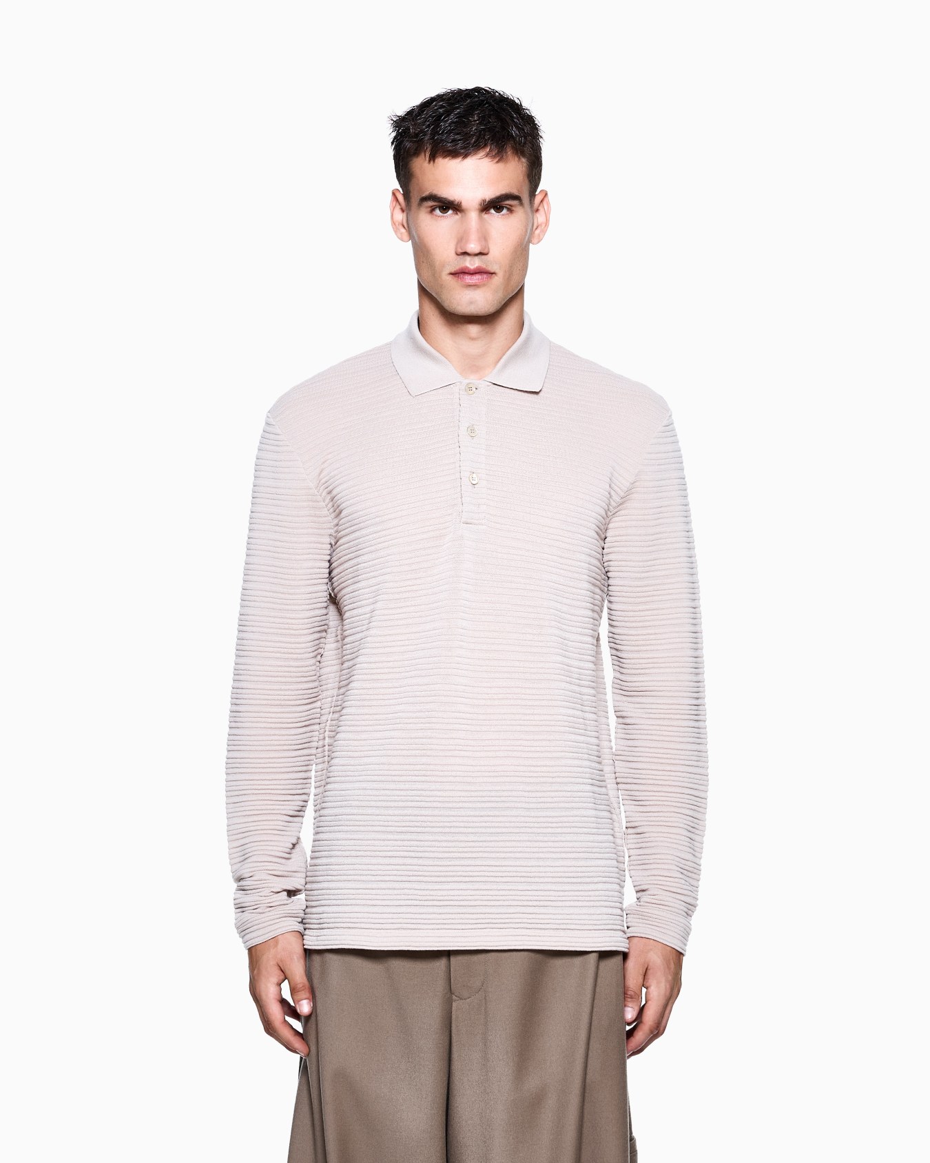 Long-sleeved polo shirt in wool jersey with a stripe motif Slide 3