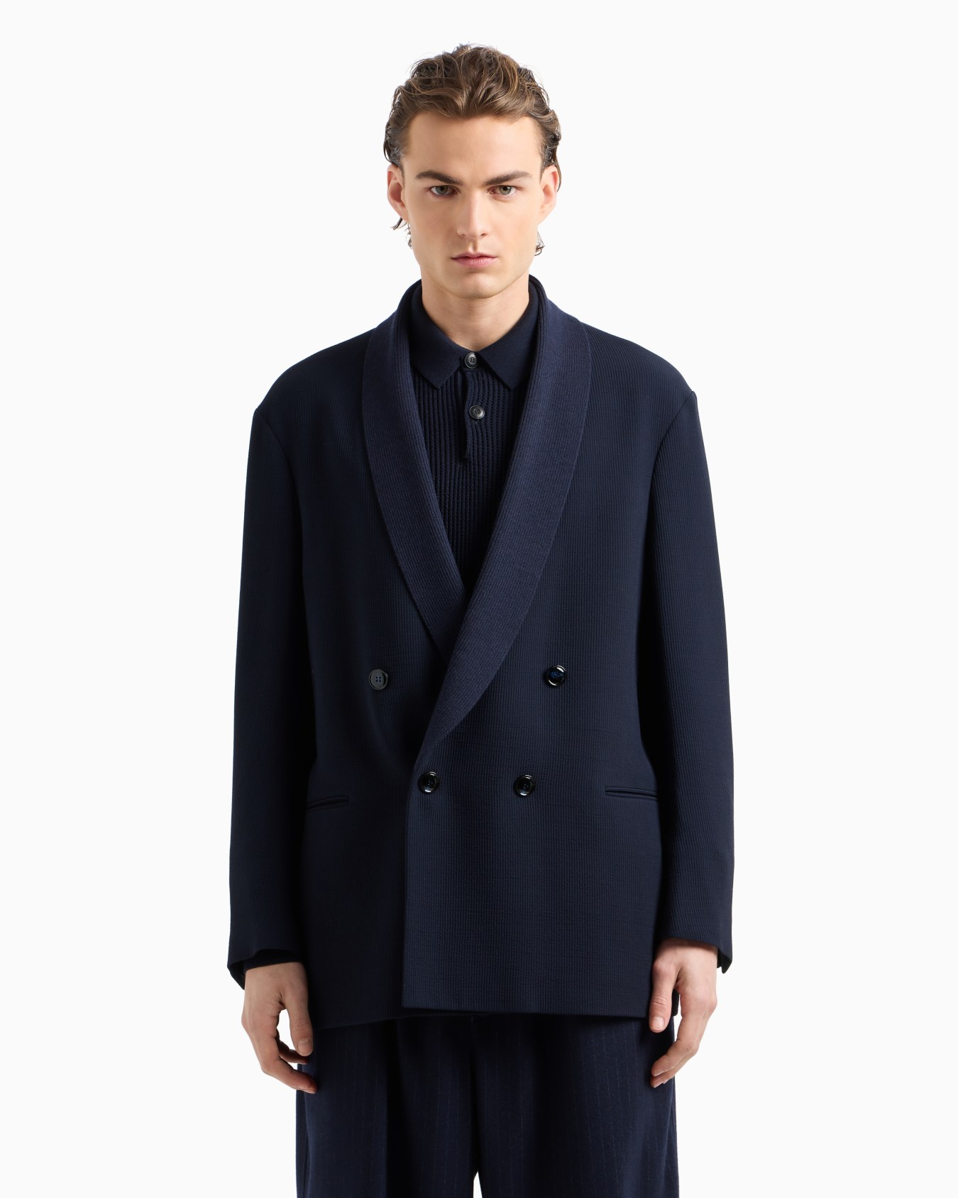 Double-breasted jacket in virgin wool and canneté viscose Slide 4