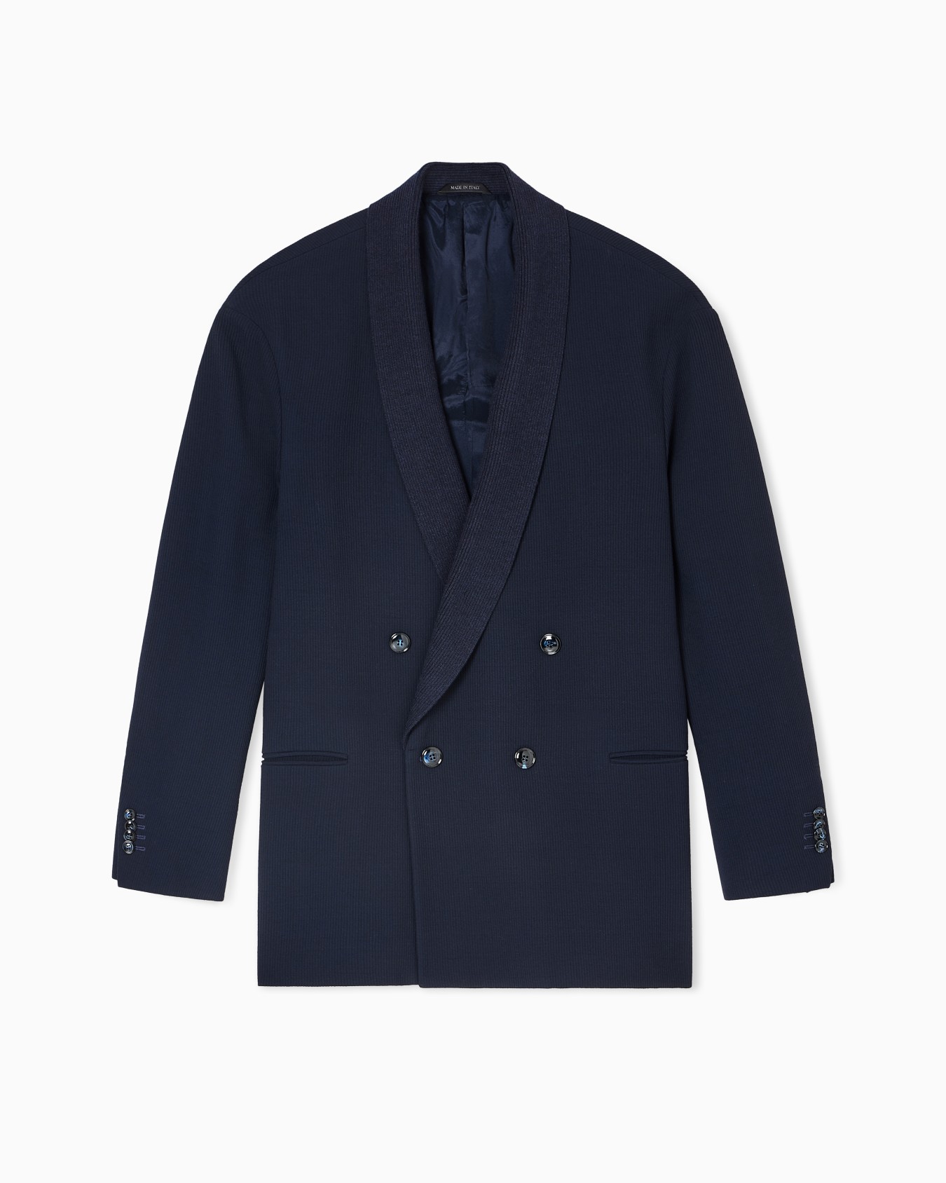 Double-breasted jacket in virgin wool and canneté viscose Slide 0