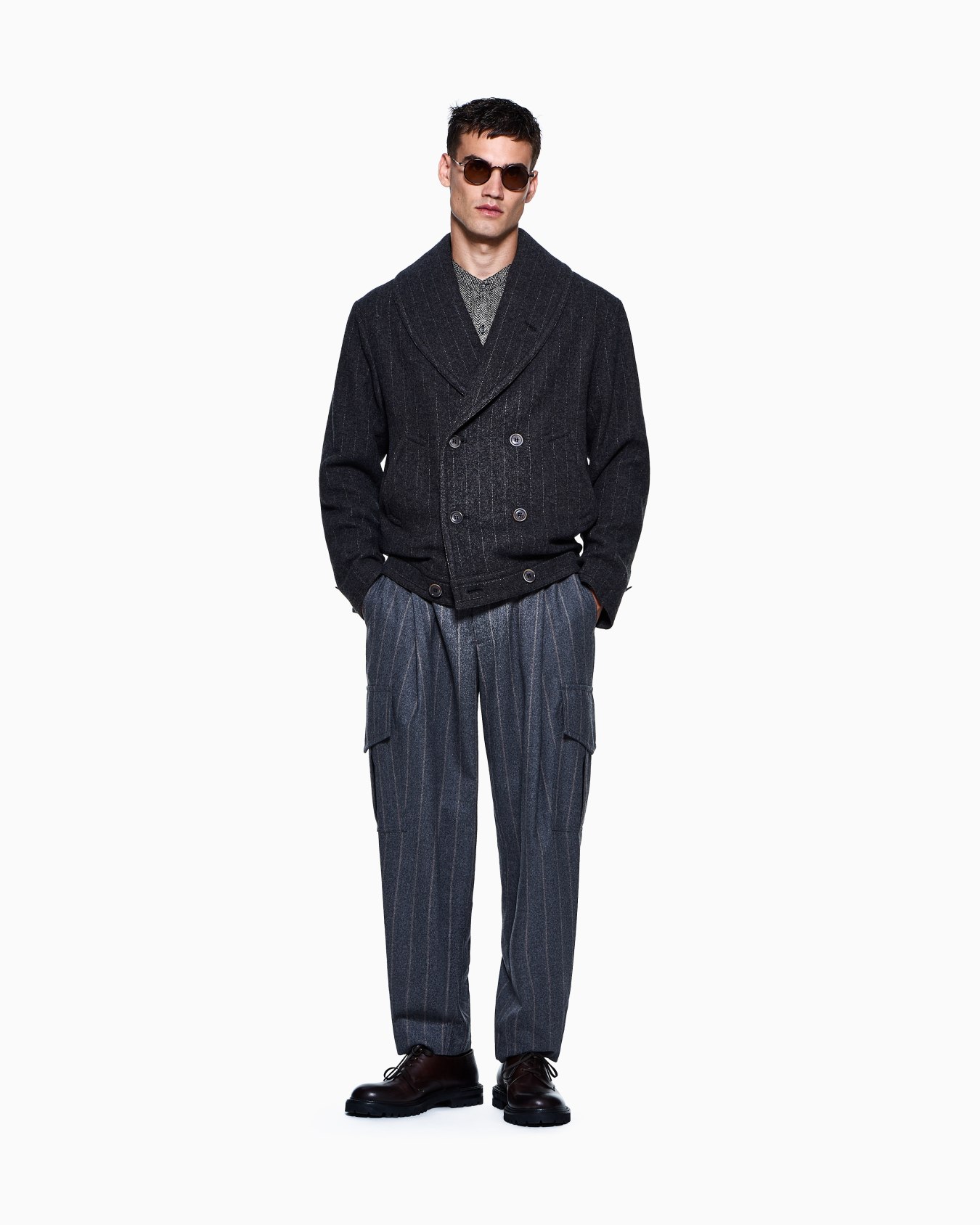Pinstriped cashmere and wool cloth bomber jacket Slide 1
