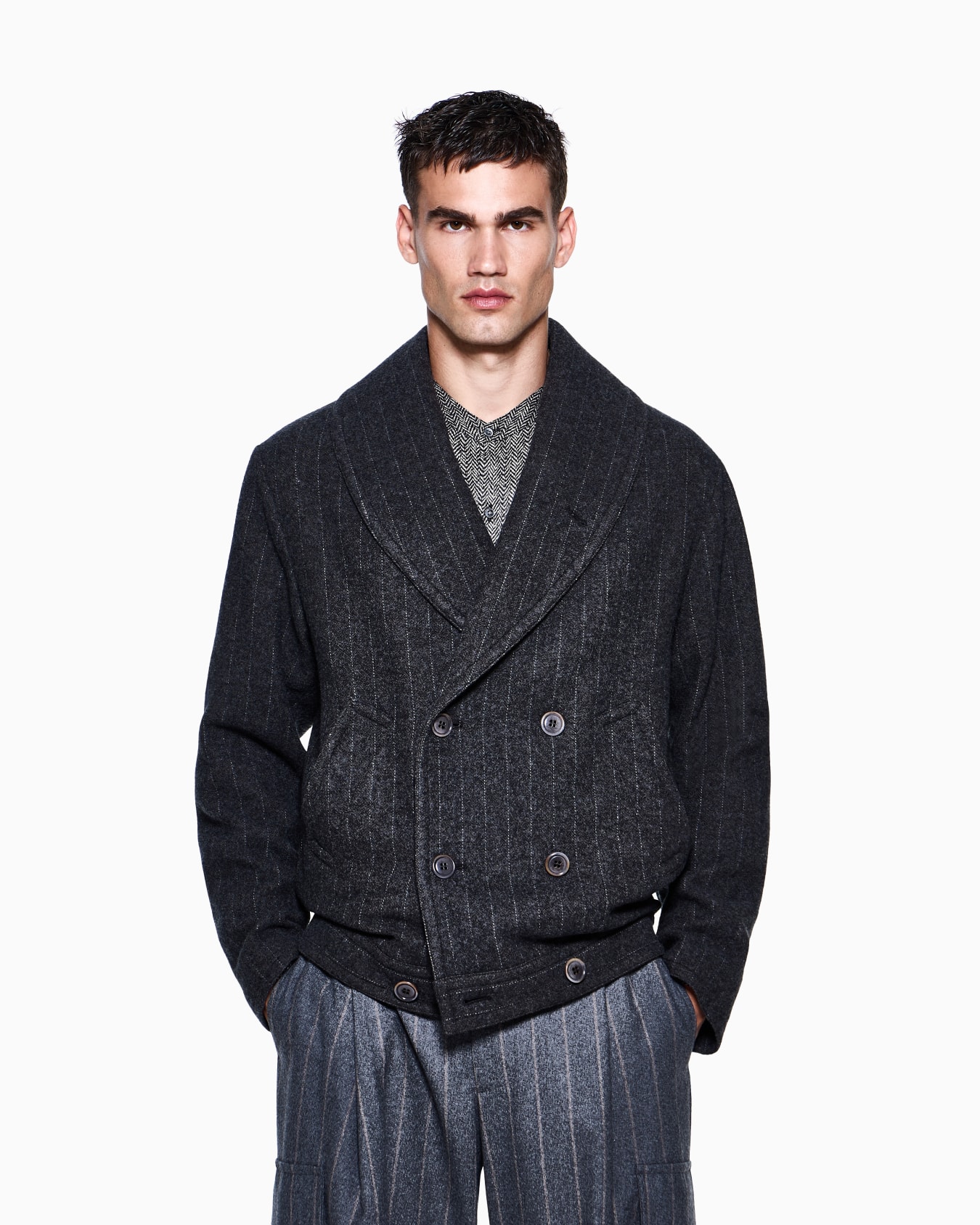 Pinstriped cashmere and wool cloth bomber jacket Slide 3