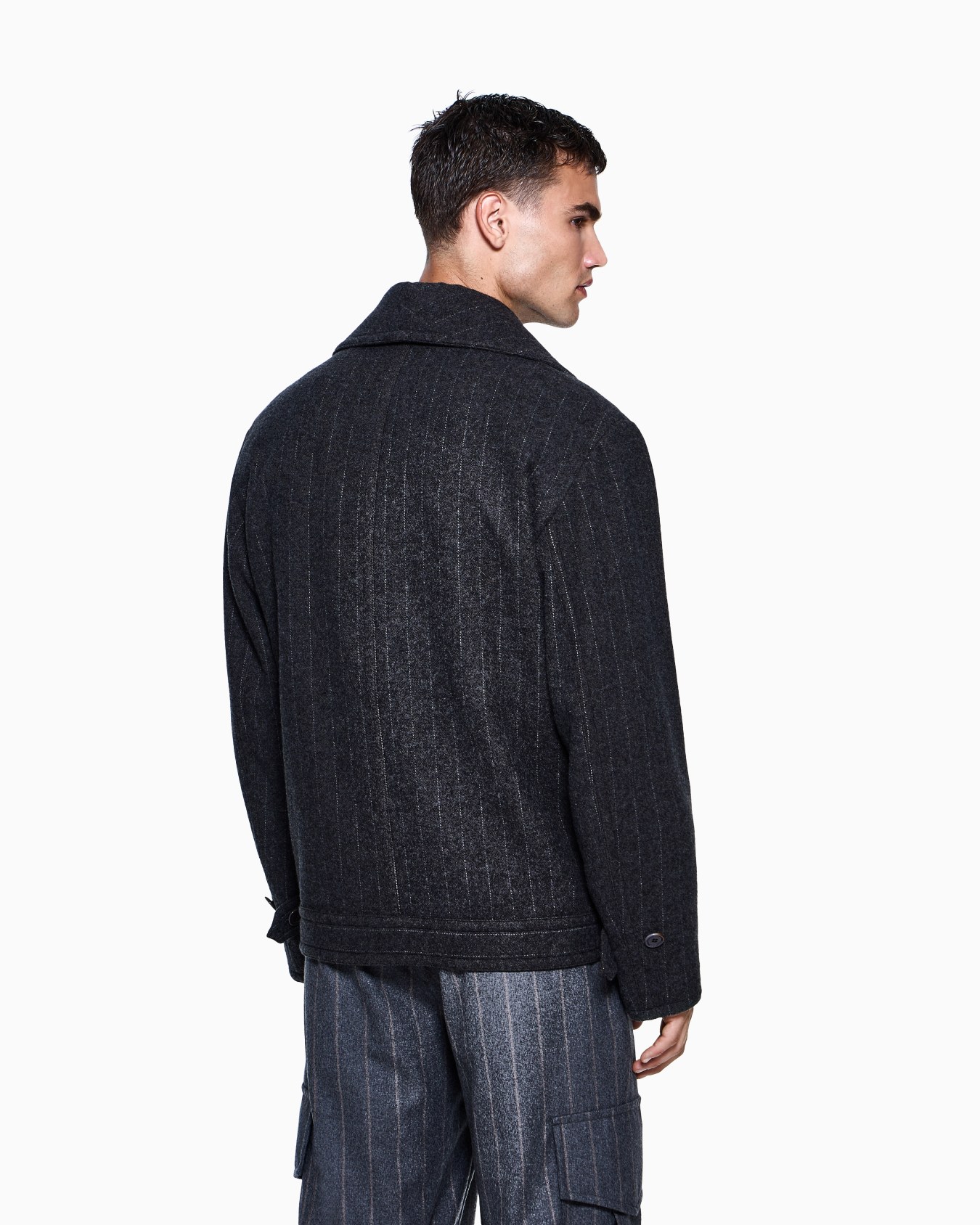 Pinstriped cashmere and wool cloth bomber jacket Slide 2