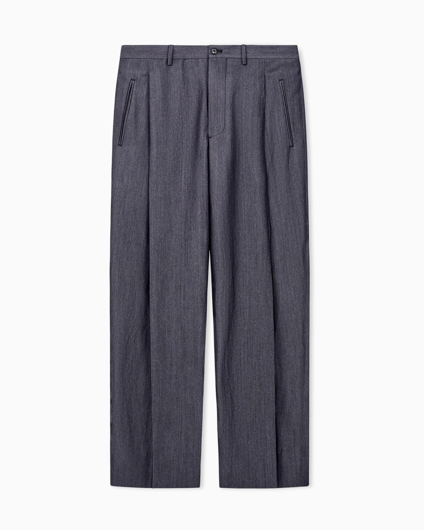 Pantalon à une pince en laine vierge et abaca et soie effet denim. Diapositive 0