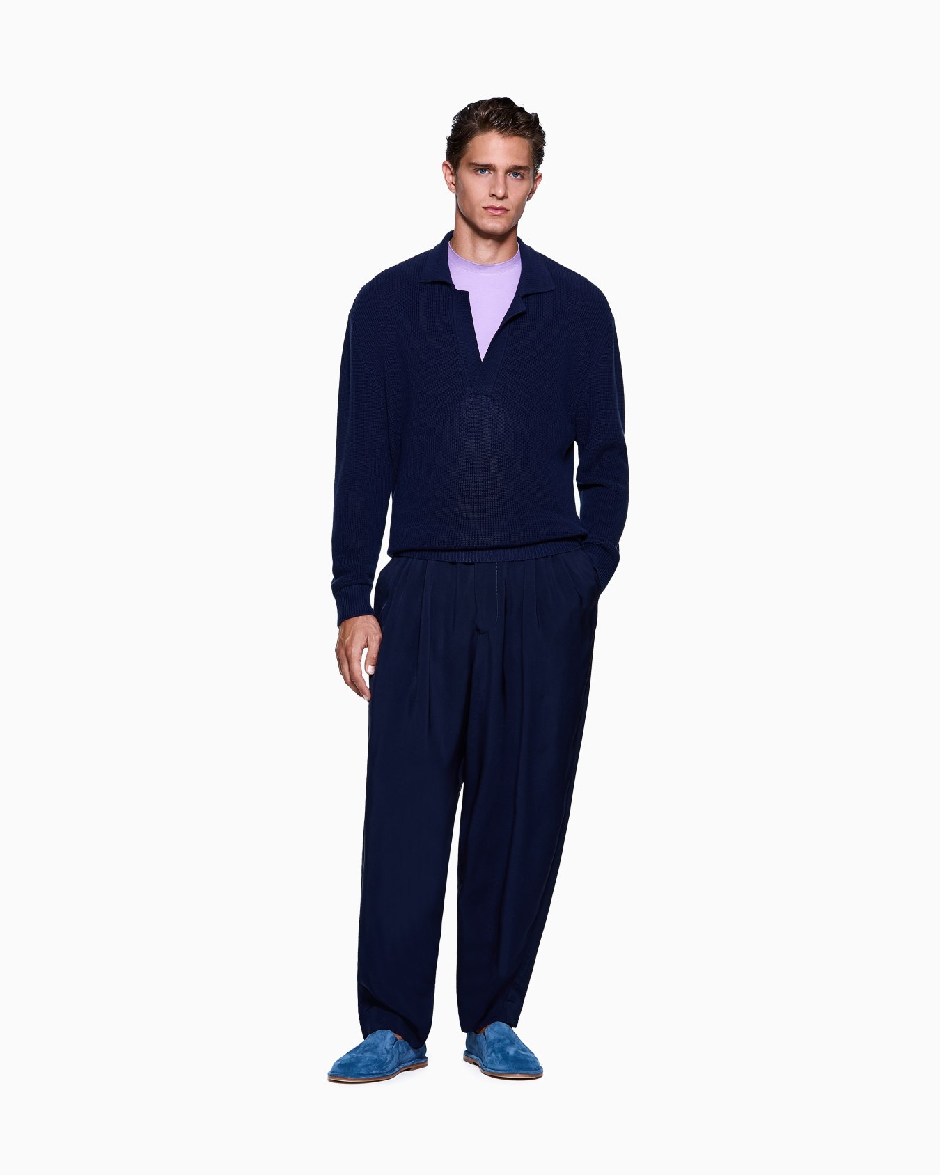 Long-sleeved polo shirt in cotton and cashmere with a half fisherman’s rib Slide 1