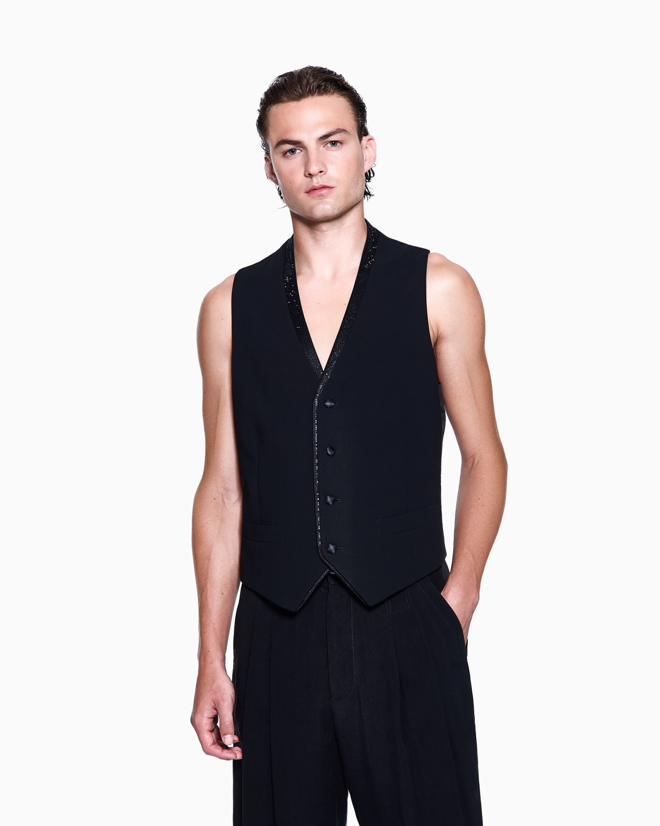 シングルブレスト ウエストコート バージンウール ラインストーンディテール スライドする 3