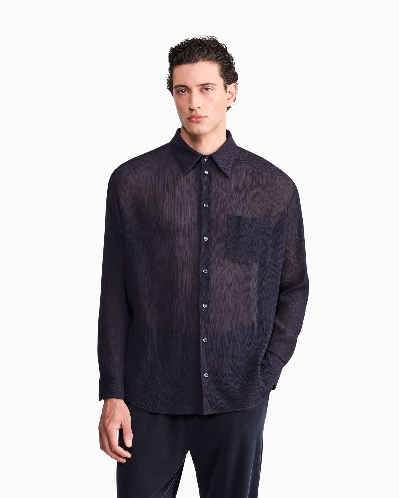 Chemise avec poche en crépon de mélange coton et soie Diapositive 3