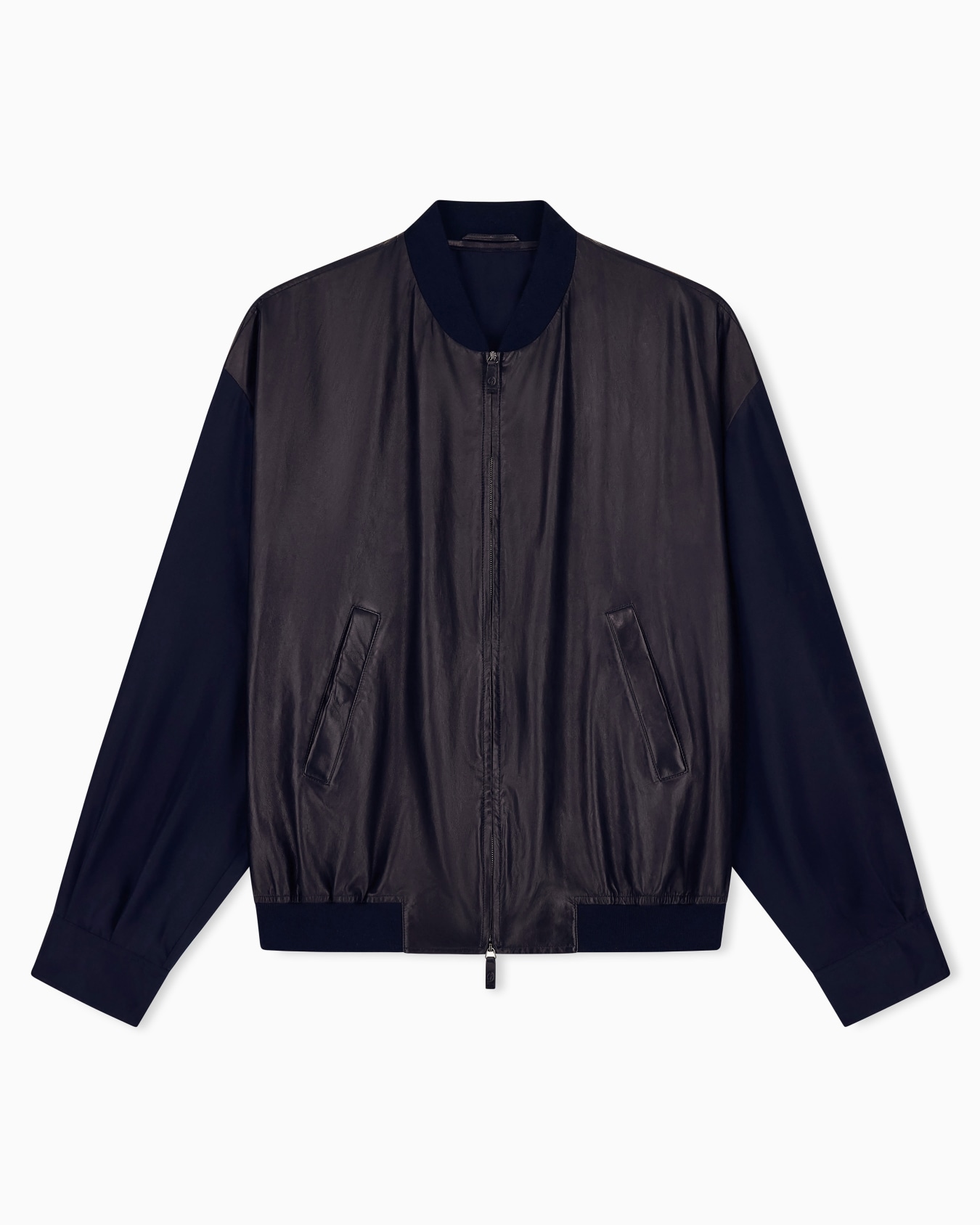 Blouson bimatière en cuir et soie avec des bords côtelés Diapositive 0