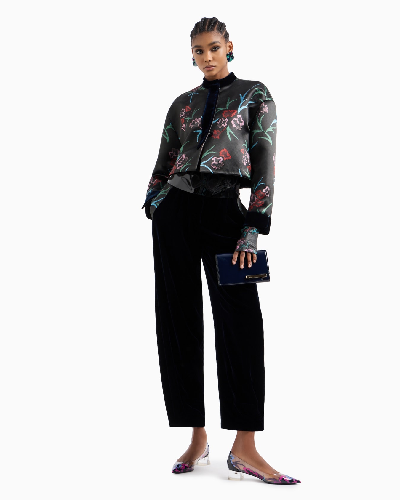 Kurze Jacke aus Samt mit Blumen-Print Folie 4