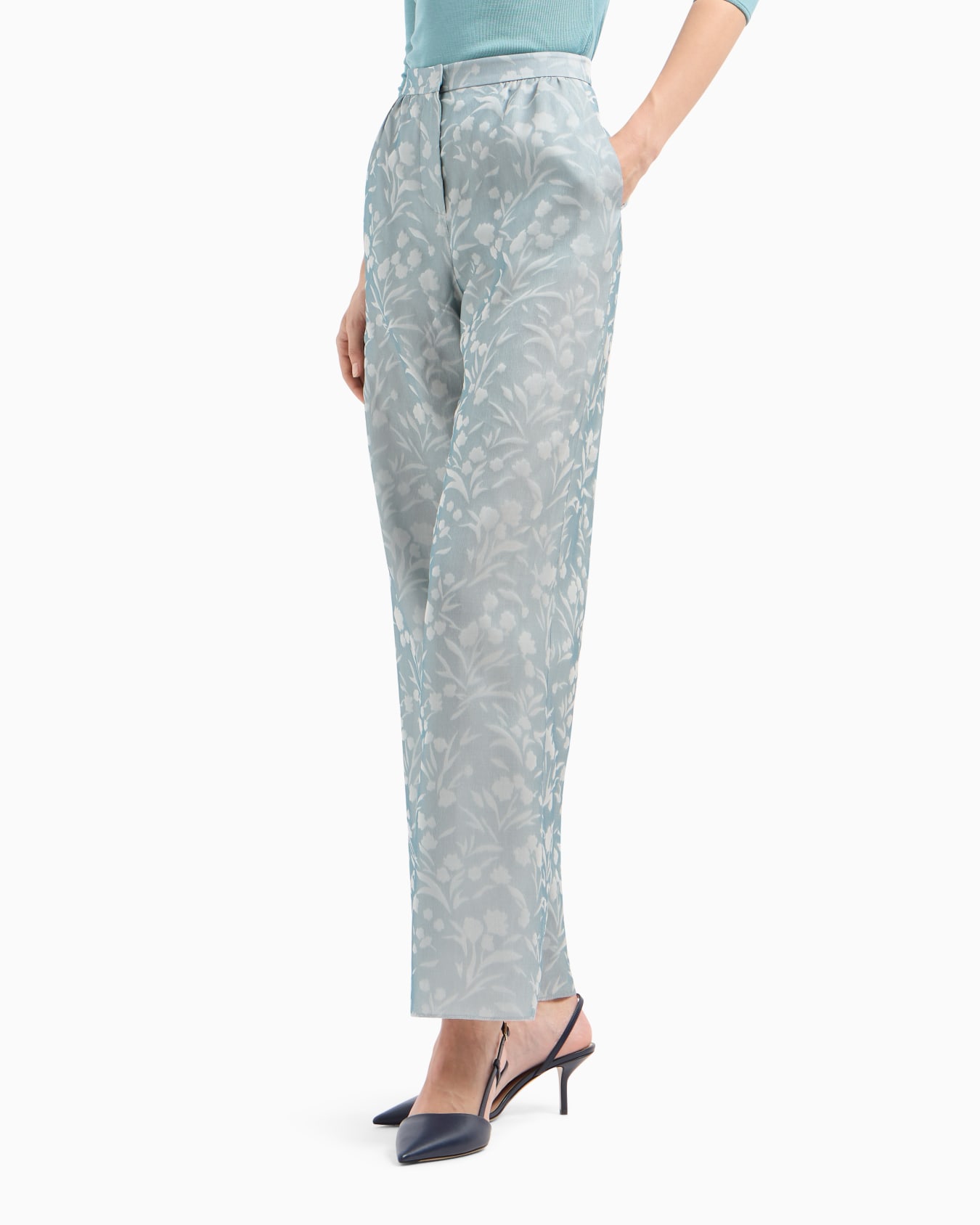 Pantalon large en soie jacquard fleurie Diapositive 1