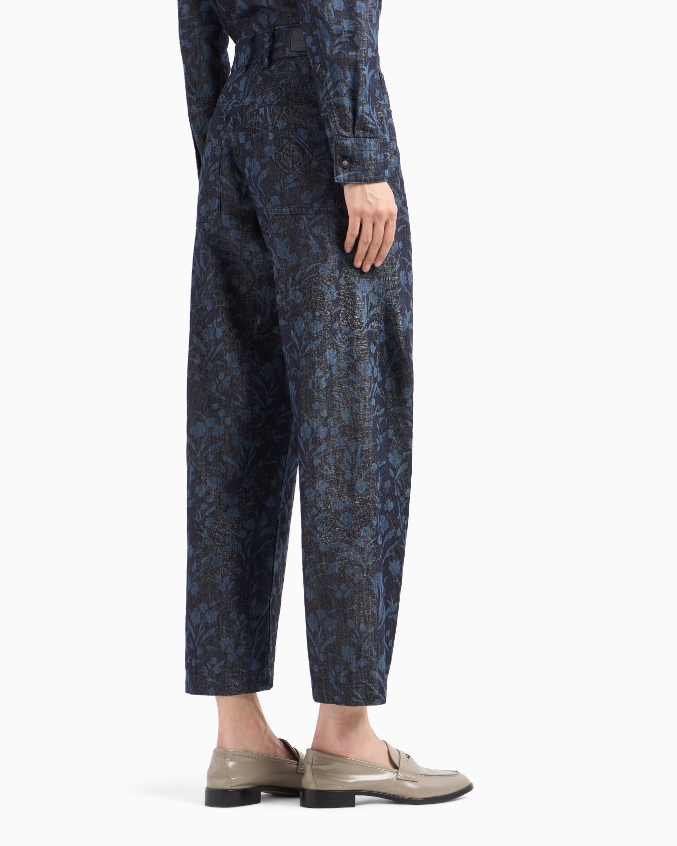 Denim Collection five-pocket wide leg trousers in cotton, viscose and lurex denim with floral motif Slide 2