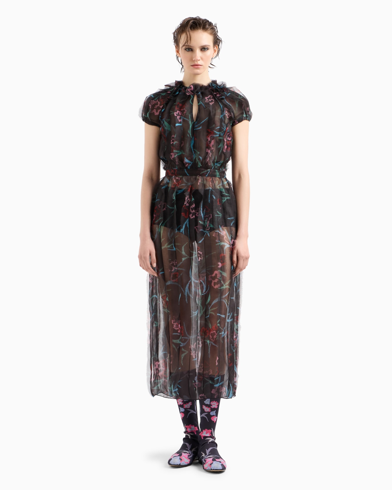 Langes Kleid mit Blumen-Print aus Seidenorganza Folie 2
