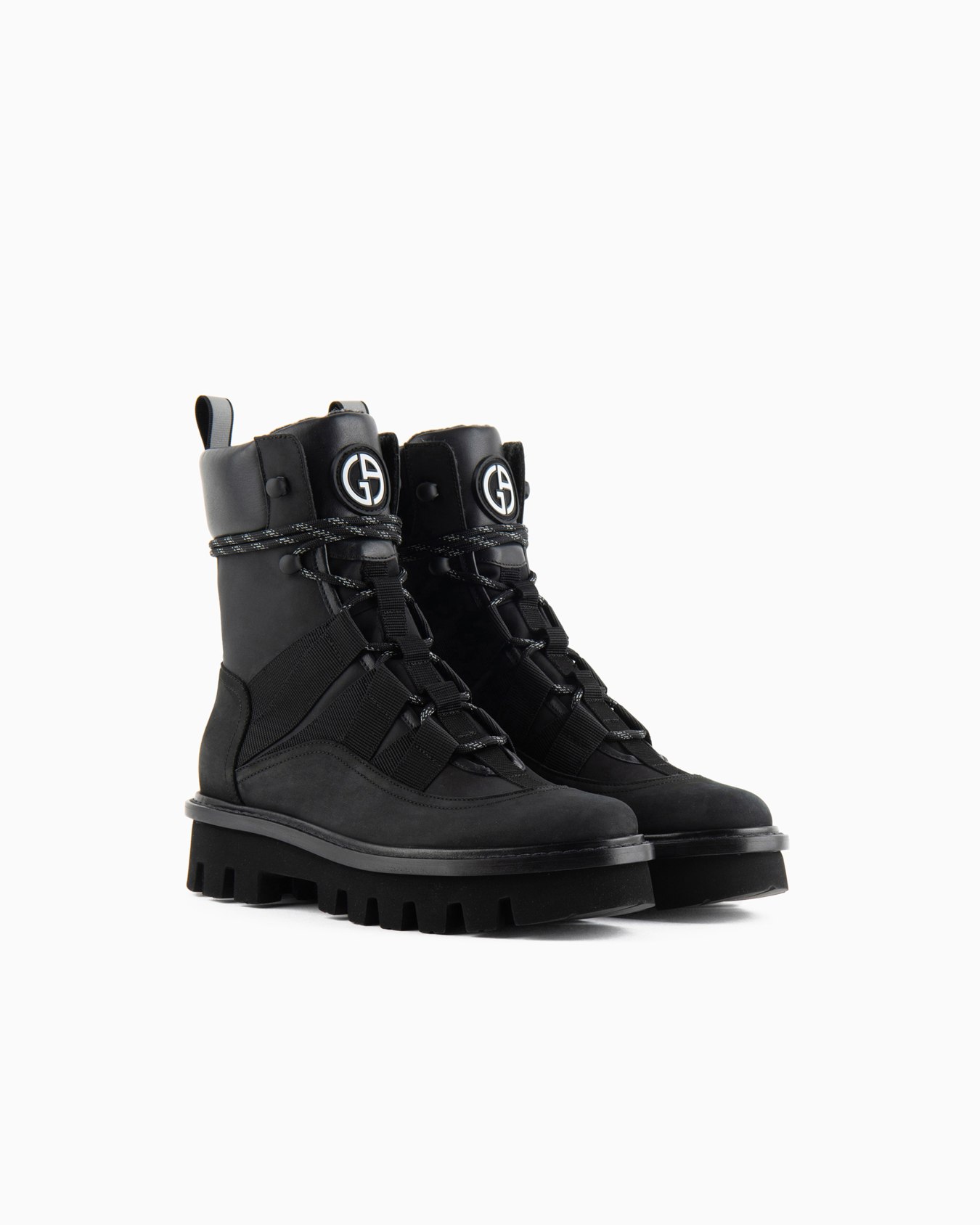 Giorgio Armani Neve lace-up ankle boots in nubuck, technical fabric and nappa leather Slide 1