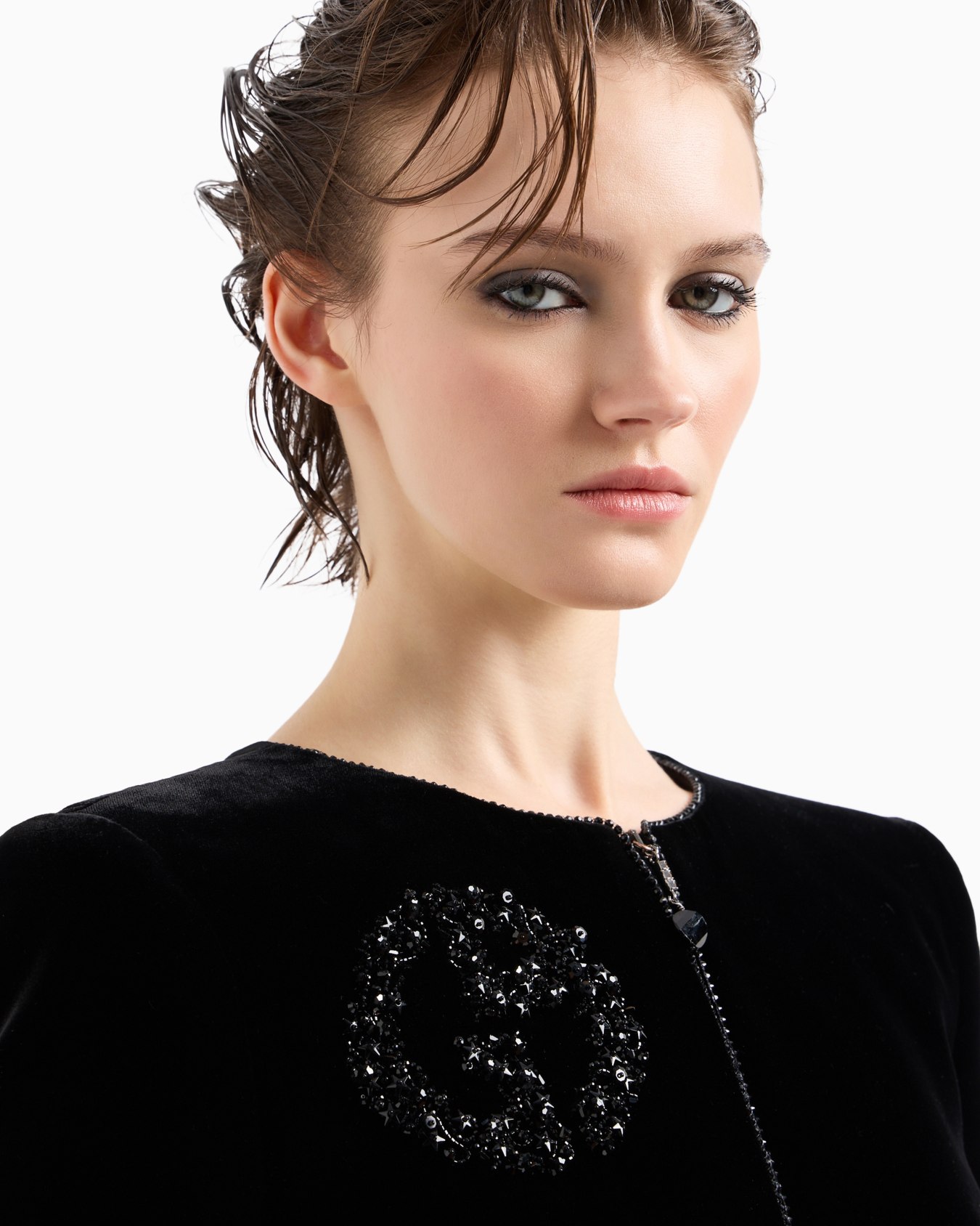 Giacca con zip in velluto con dettaglio fiocchi e ricamo Slide 5