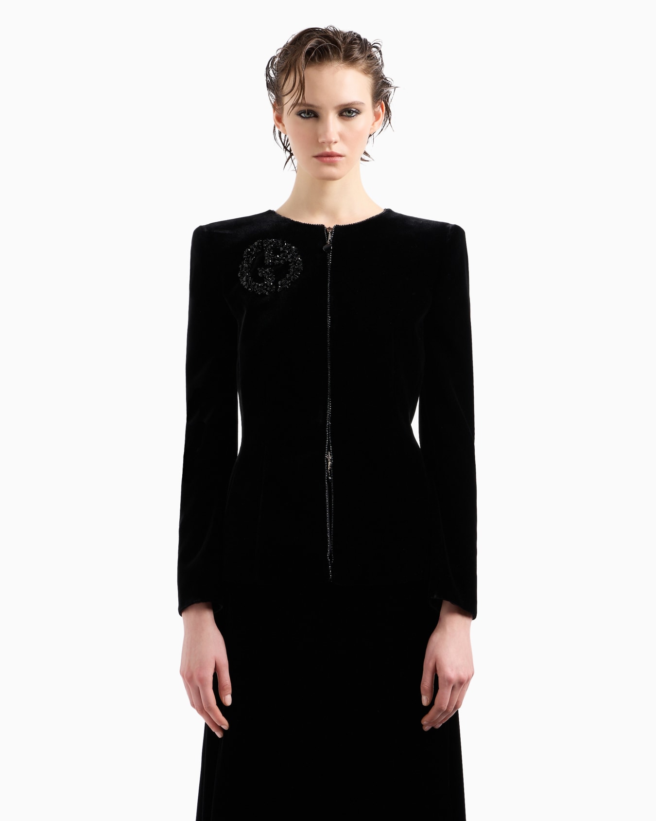 Giacca con zip in velluto con dettaglio fiocchi e ricamo Slide 3