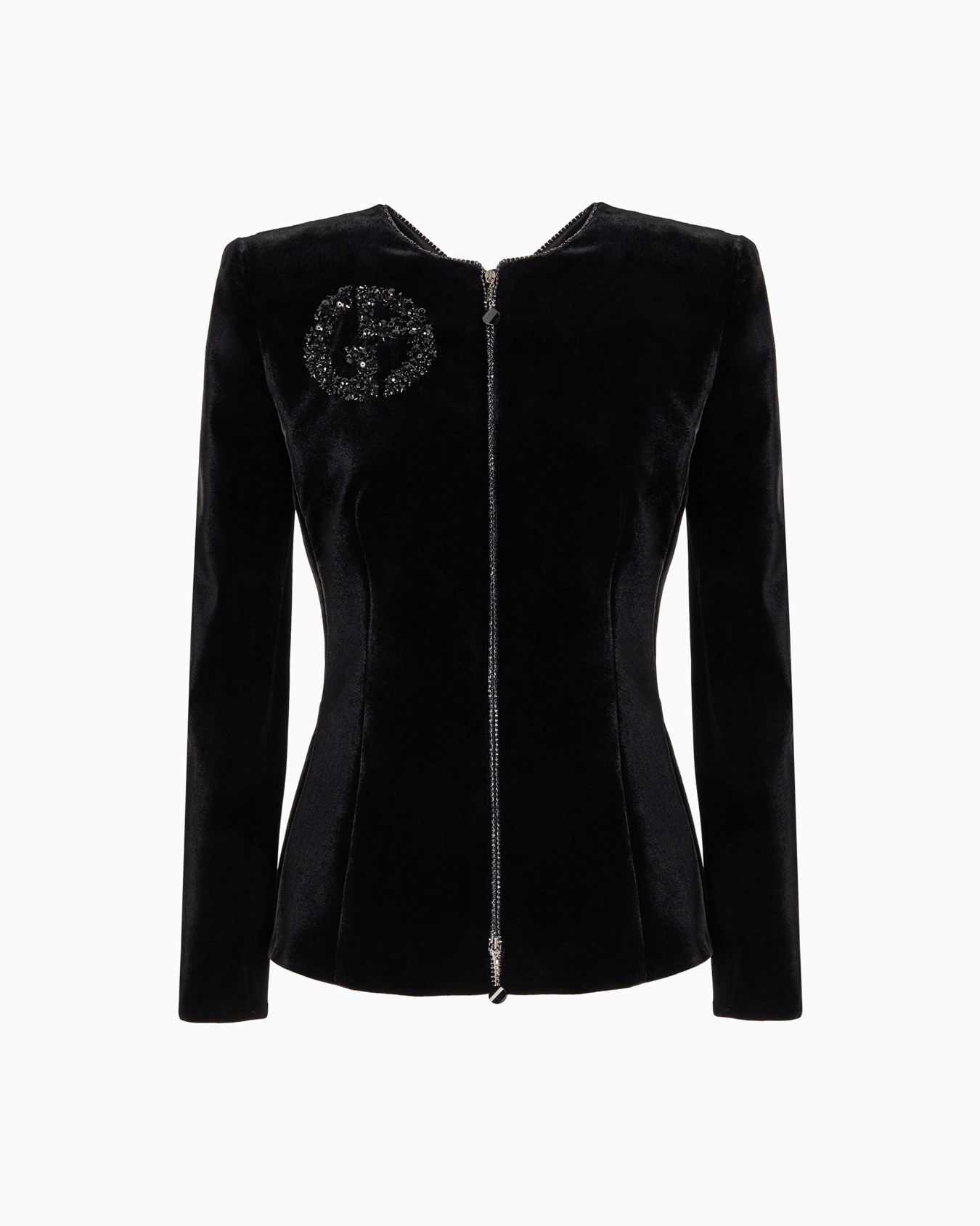 Giacca con zip in velluto con dettaglio fiocchi e ricamo Slide 0