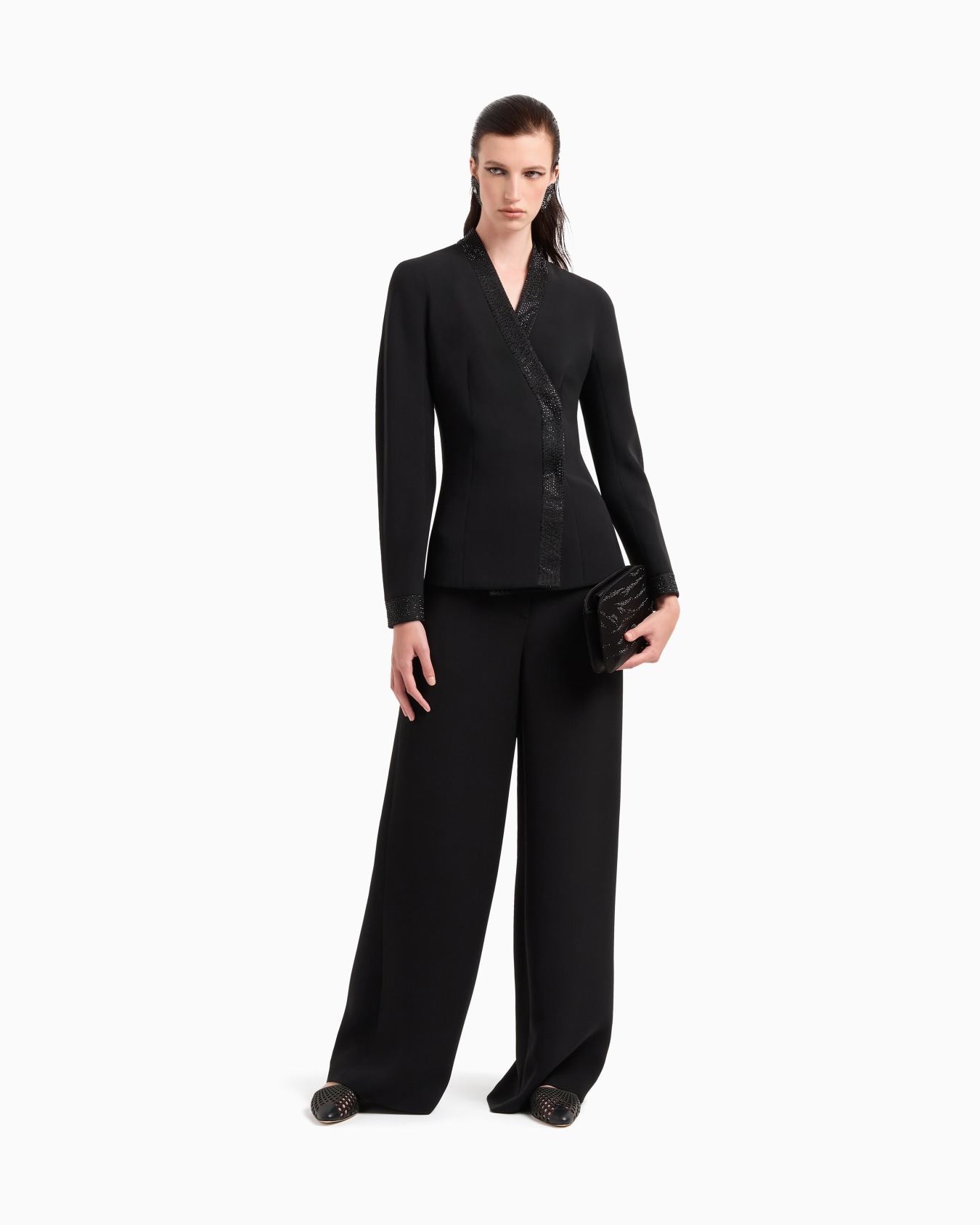 Single-breasted jacket in silk cady with applied crystals Slide 2