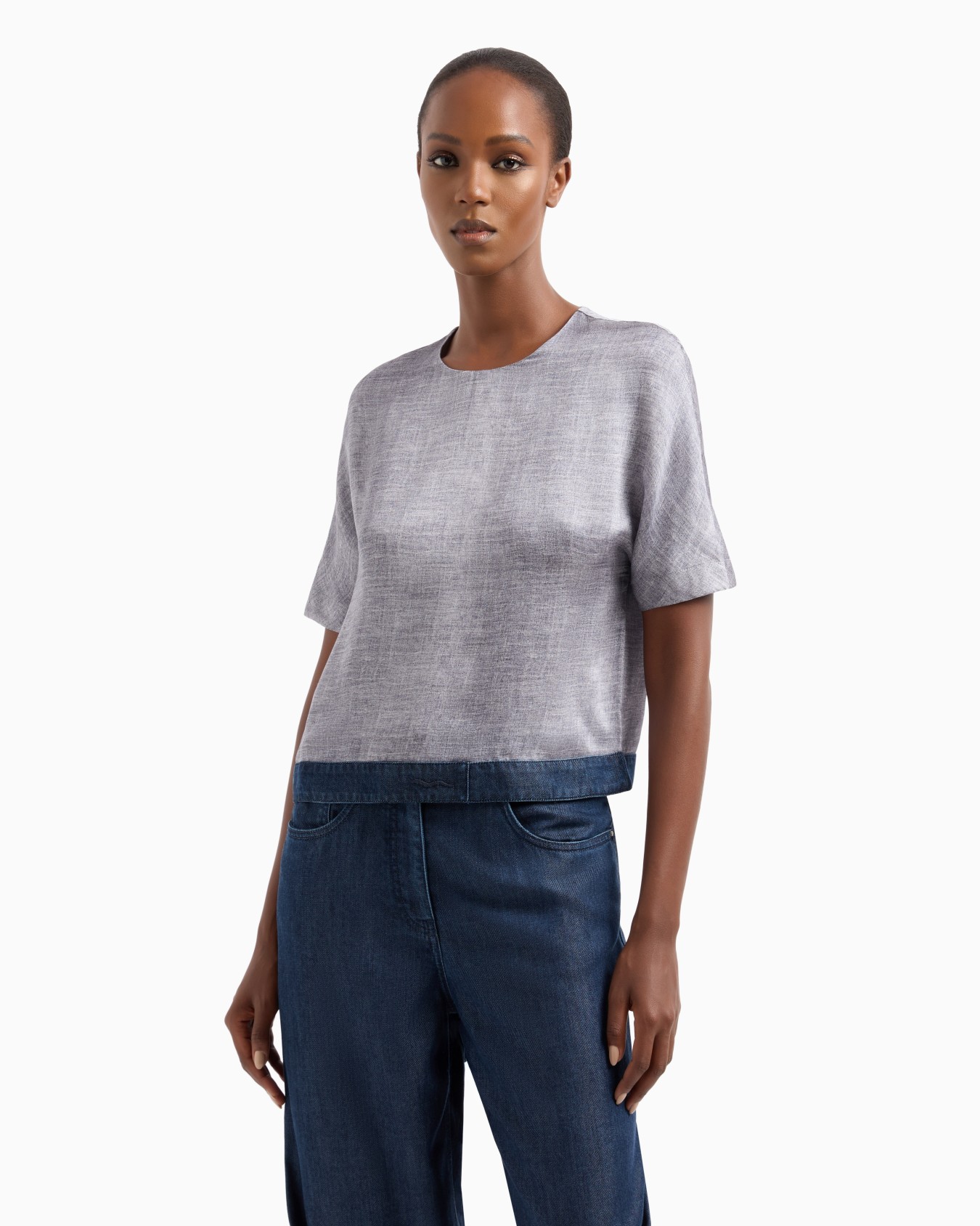 Crew-neck blouse in a mélange-print silk charmeuse Slide 4
