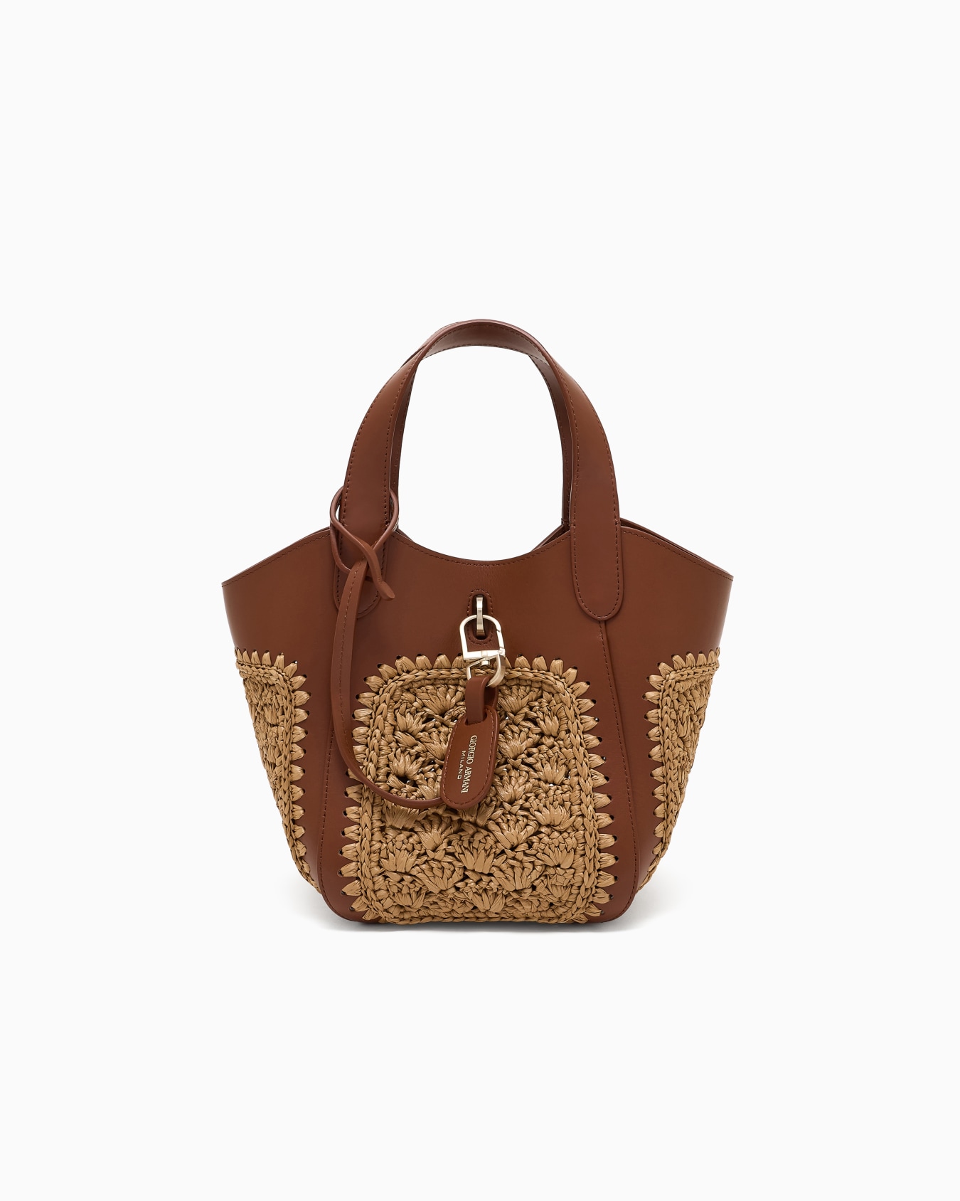 Petit sac à main en cuir et raphia en point éventail Diapositive 0