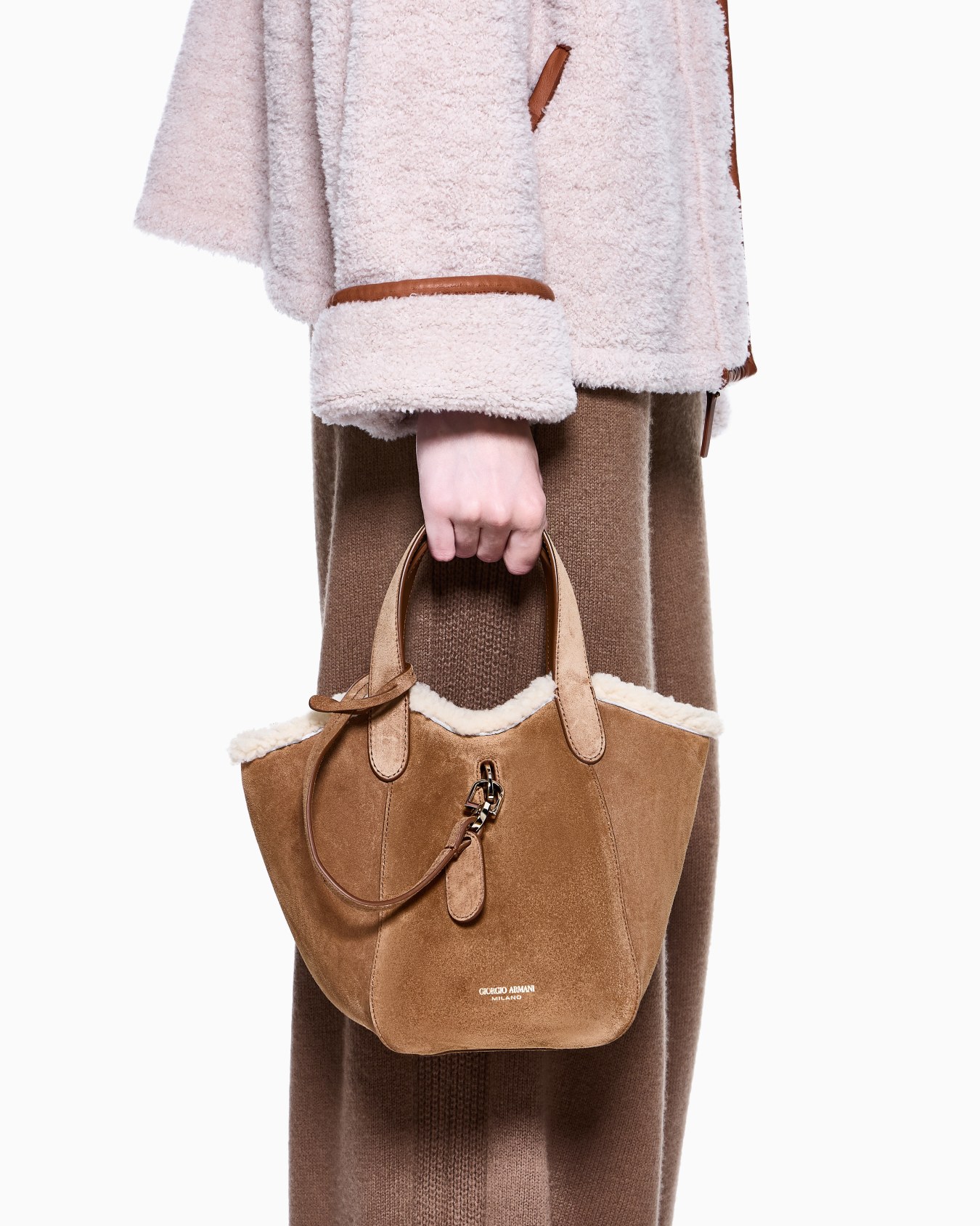 Borsa a mano piccola in suede e shearling di montone Giorgio Armani Neve Slide 5