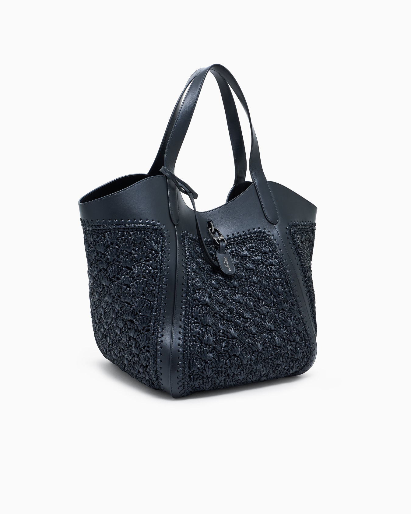 Large handbag in leather and fan-stitch raffia Slide 1