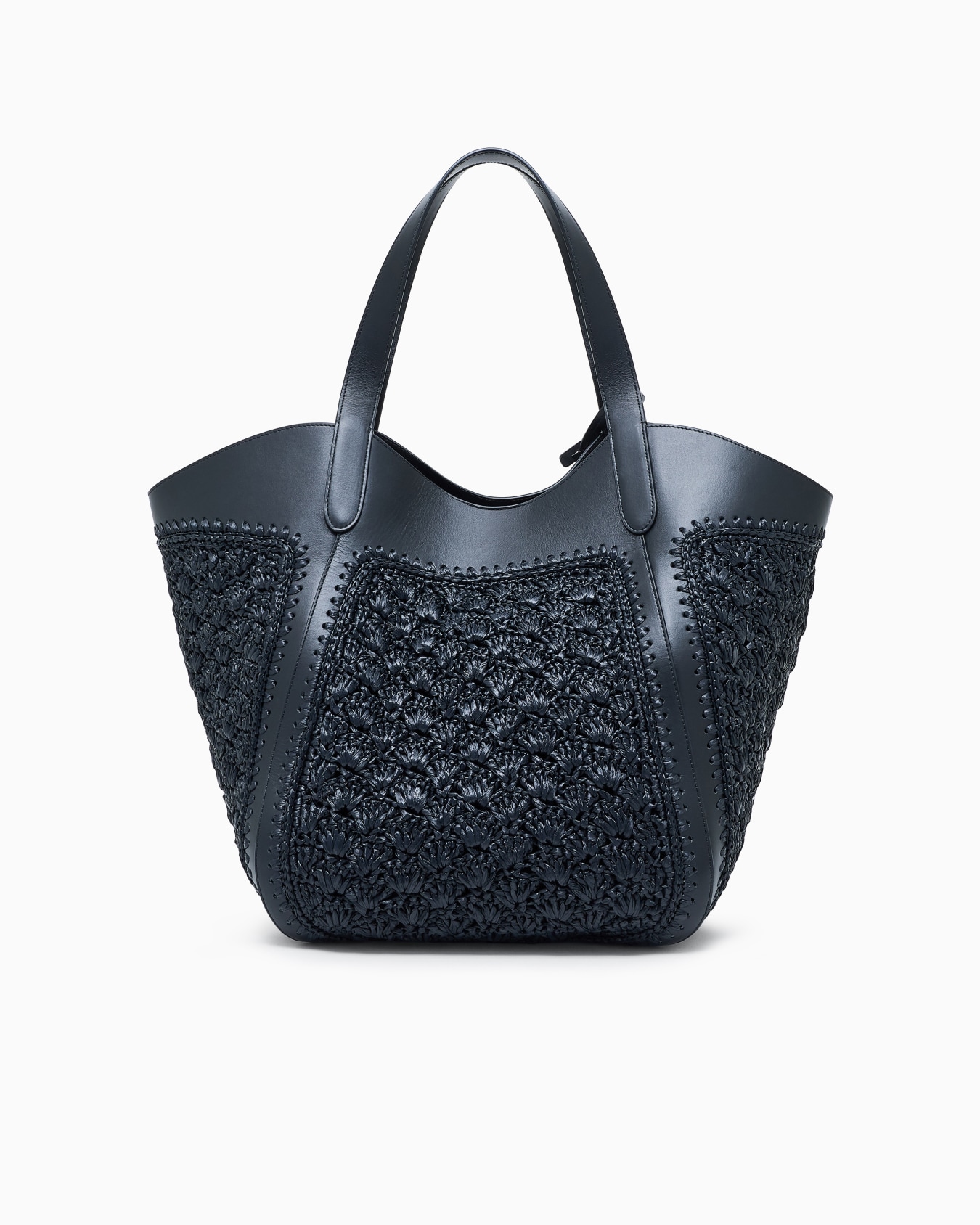 Large handbag in leather and fan-stitch raffia Slide 2