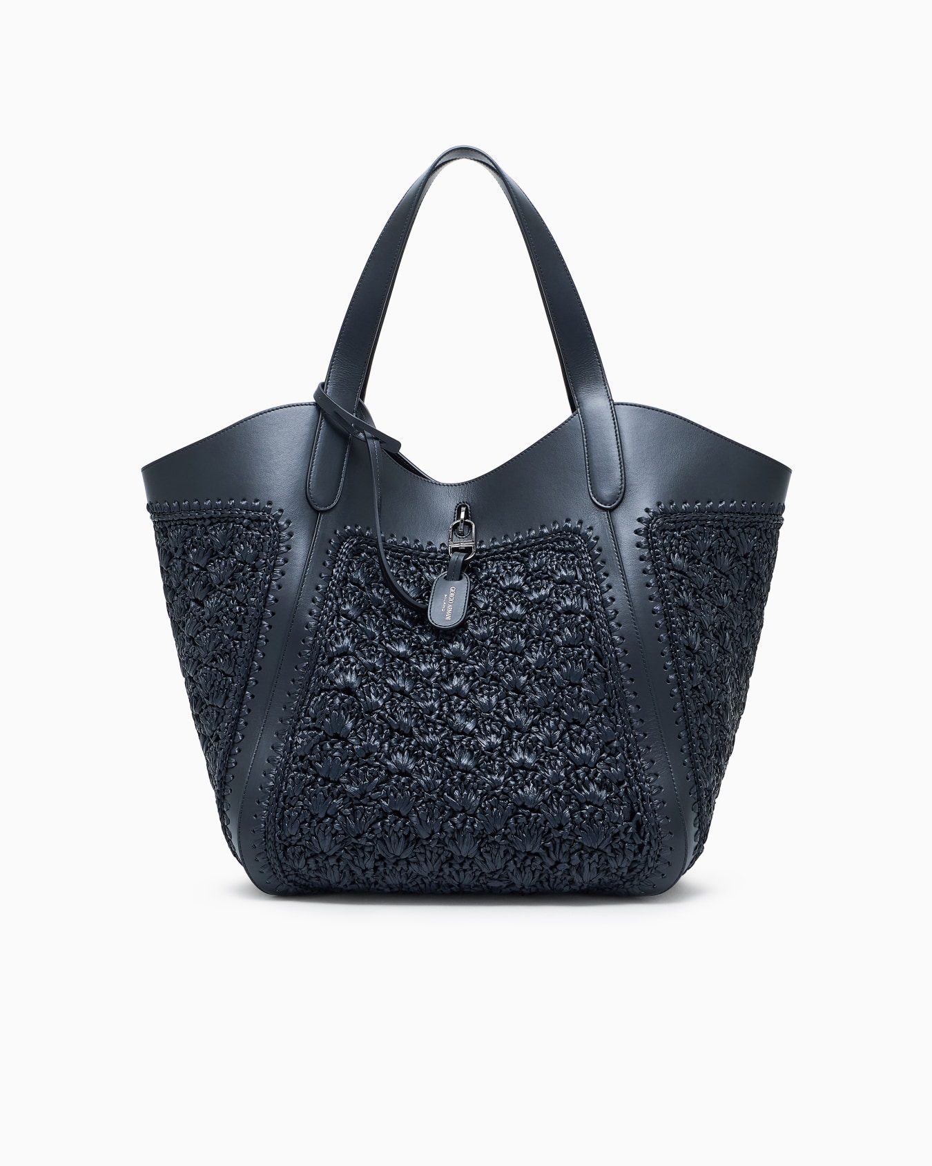 Large handbag in leather and fan-stitch raffia Slide 0