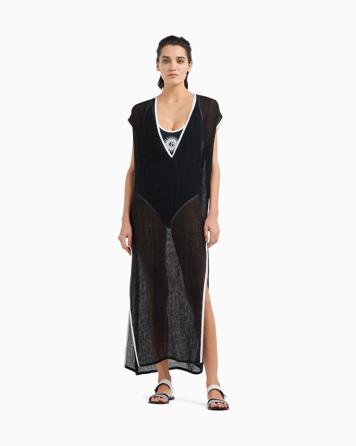 Langes Kleid aus Mesh-Leinenmischgewebe Folie 1